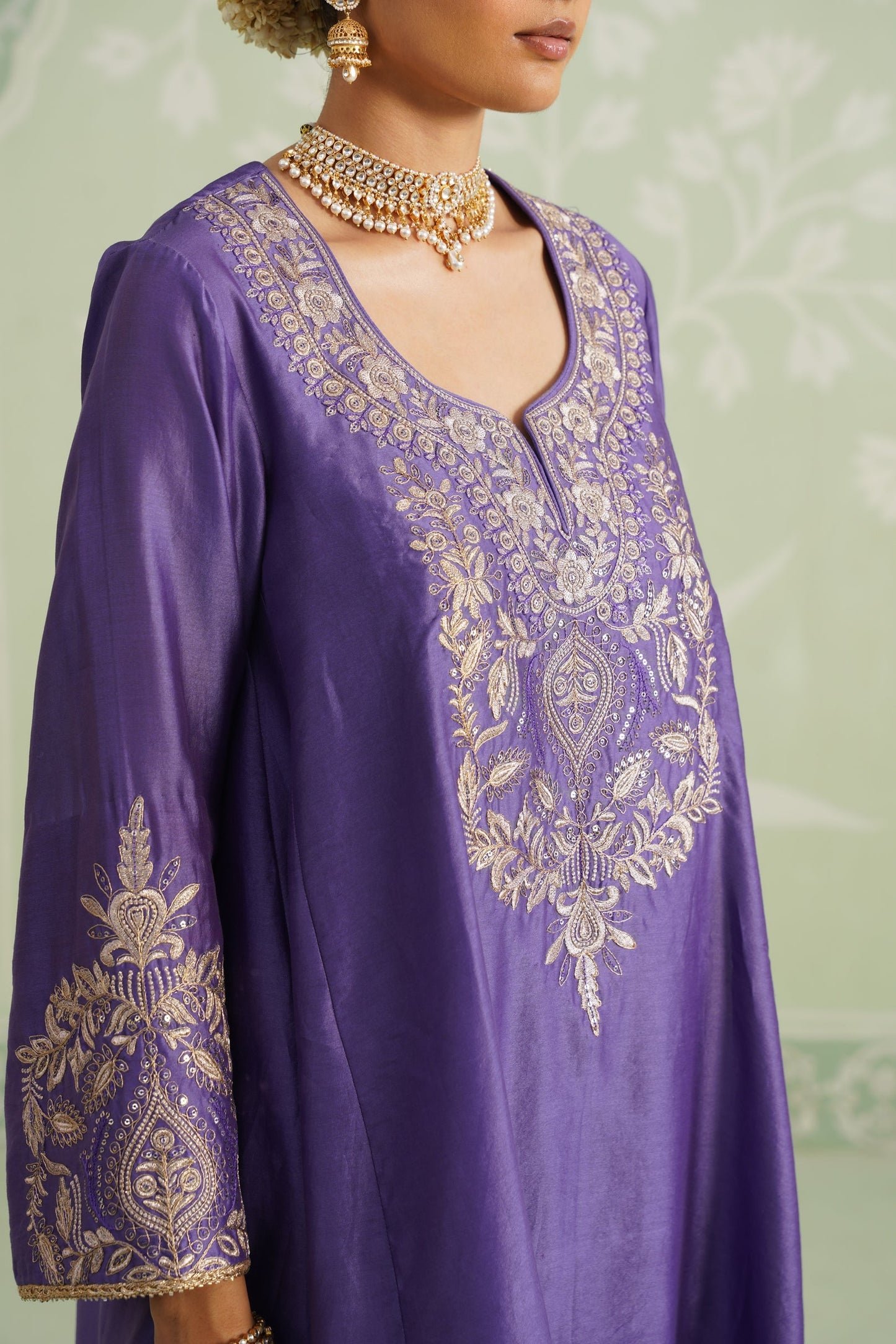 Purple Chanderi Satin Embroidered Matching Set