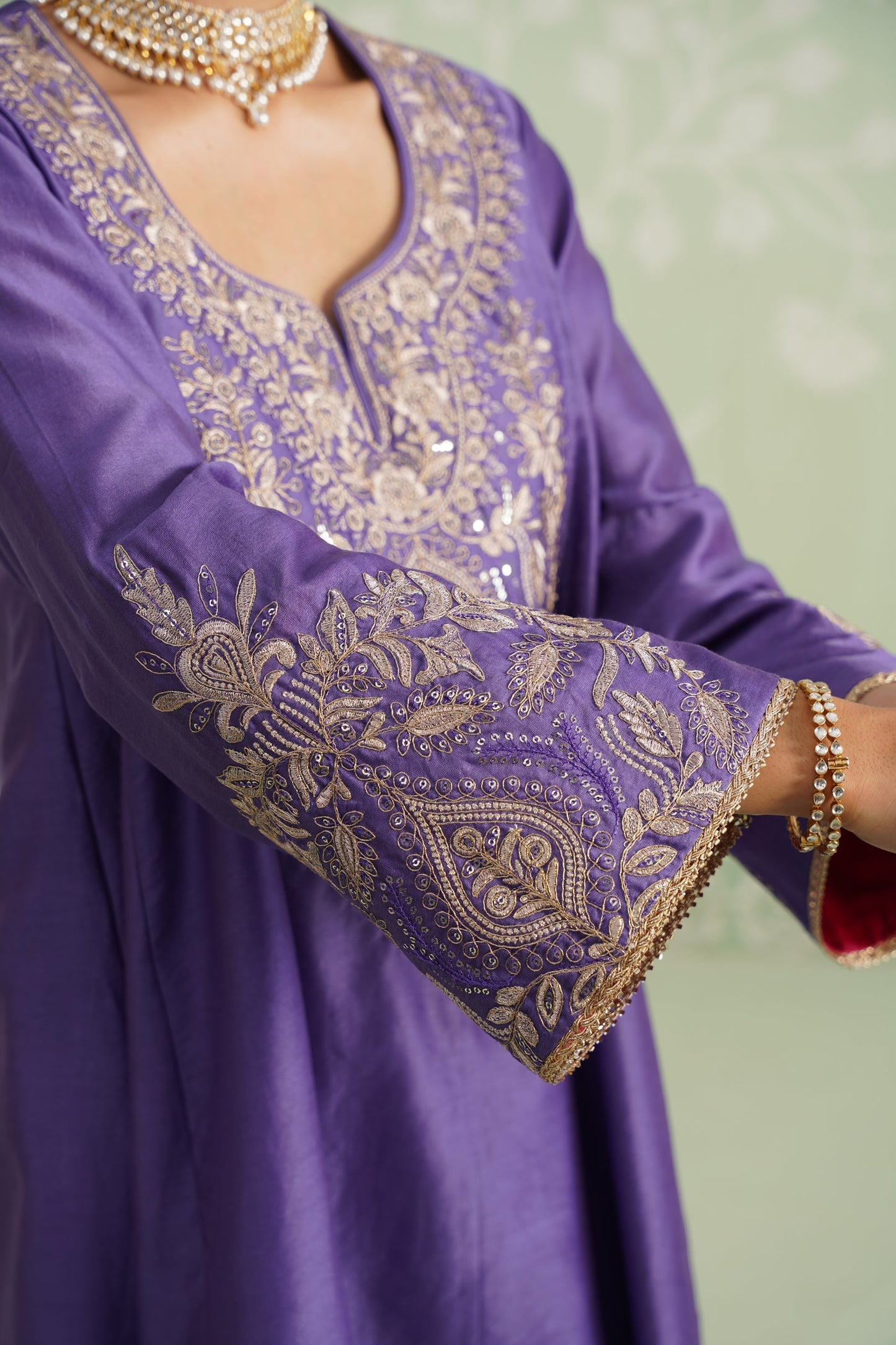 Purple Chanderi Satin Embroidered Matching Set