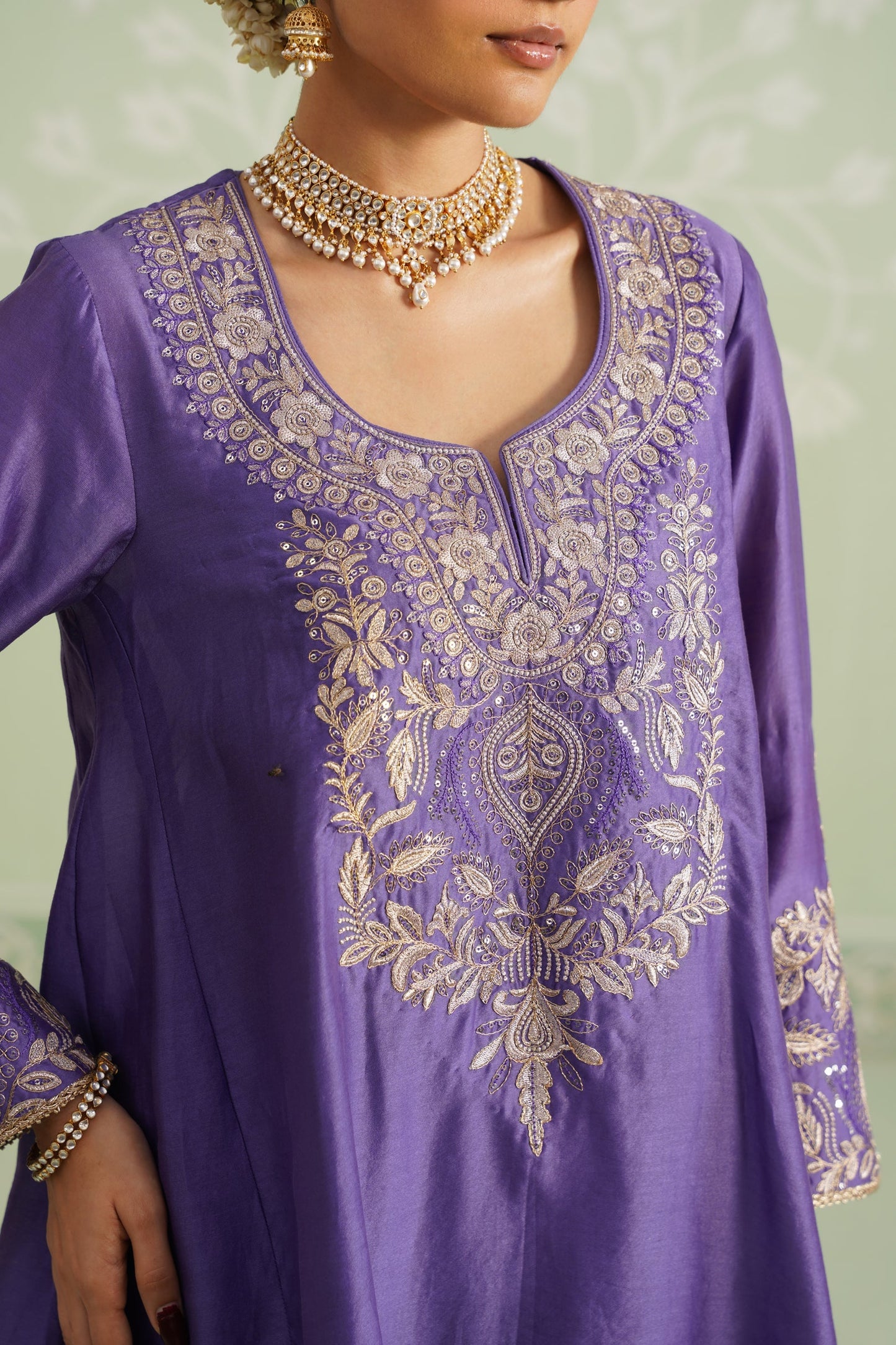 Purple Chanderi Satin Embroidered Matching Set