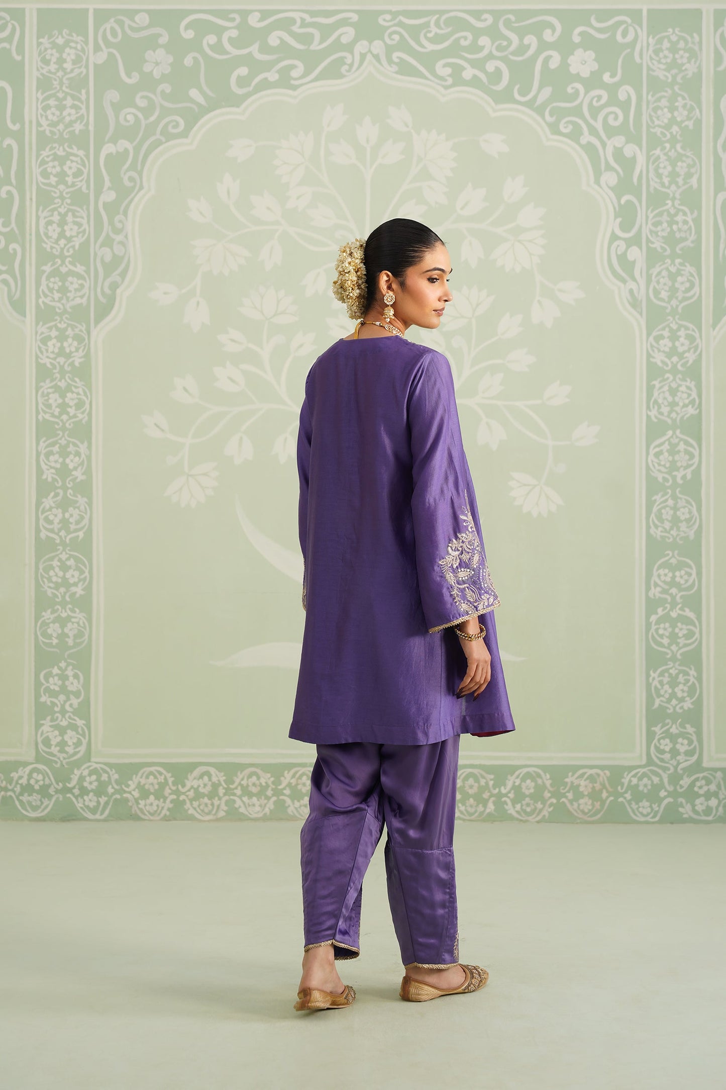 Purple Chanderi Satin Embroidered Matching Set