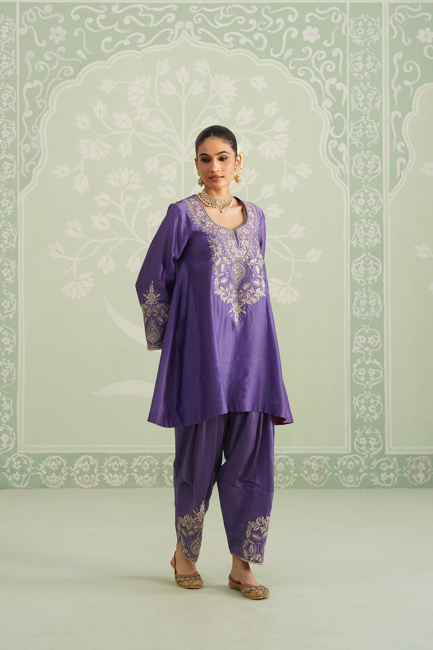 Purple Chanderi Satin Embroidered Matching Set