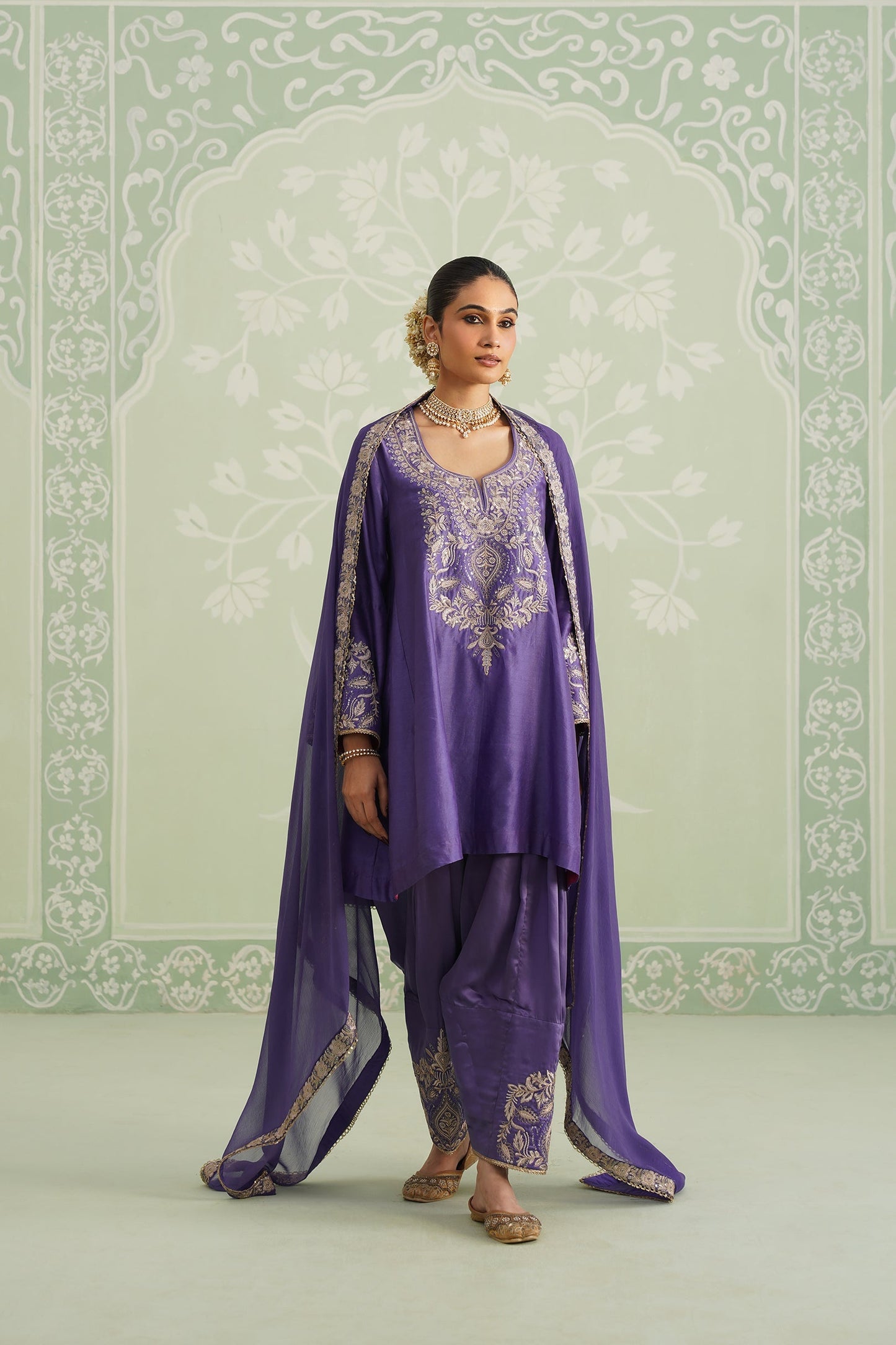 Purple Chanderi Satin Embroidered Matching Set