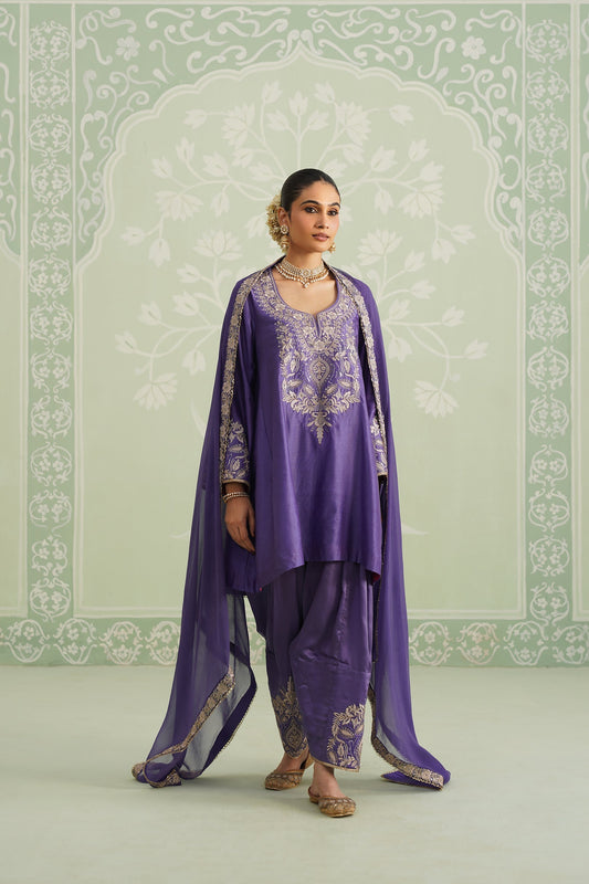 Purple Chanderi Satin Embroidered Matching Set