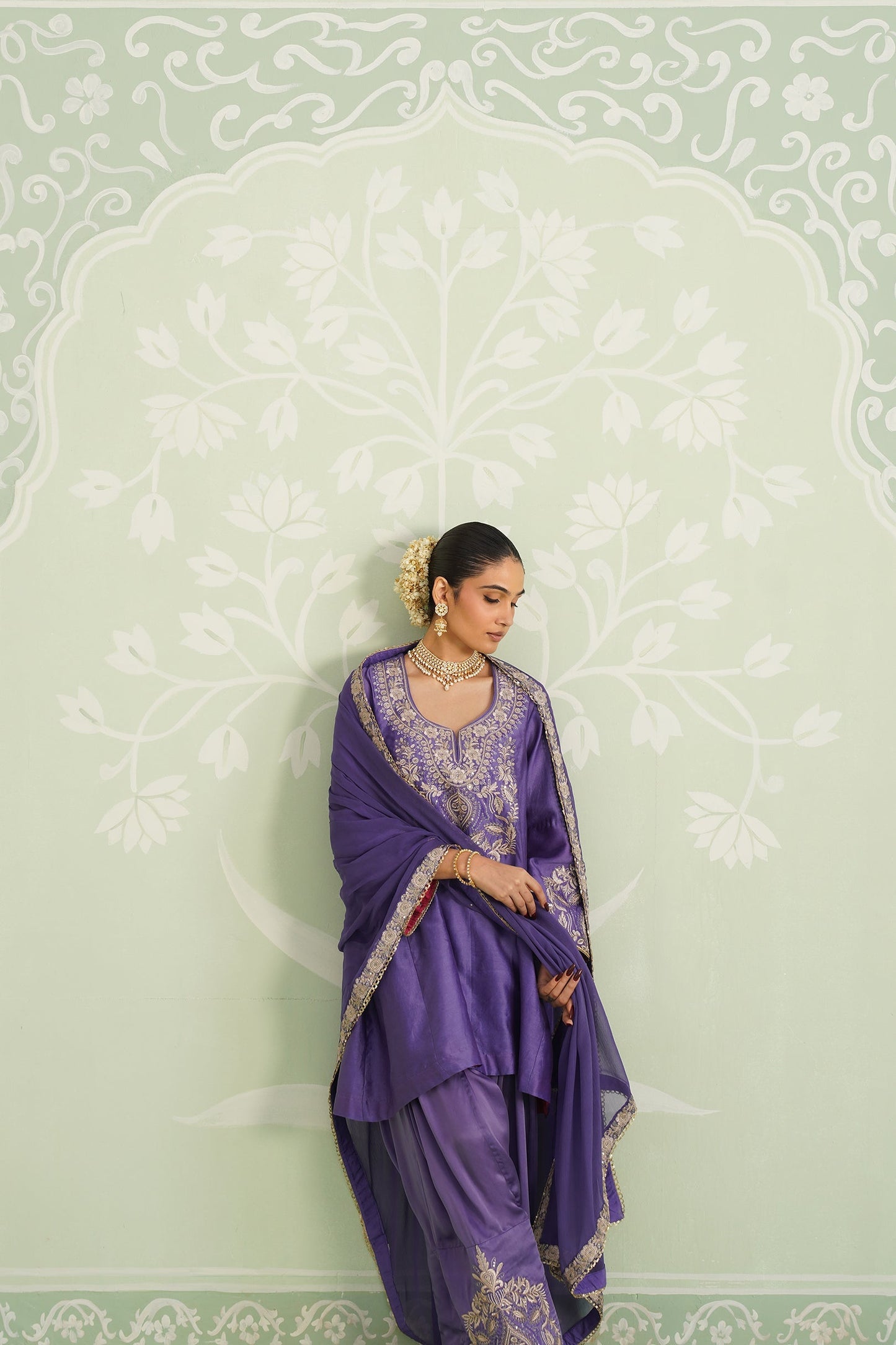 Purple Chanderi Satin Embroidered Matching Set