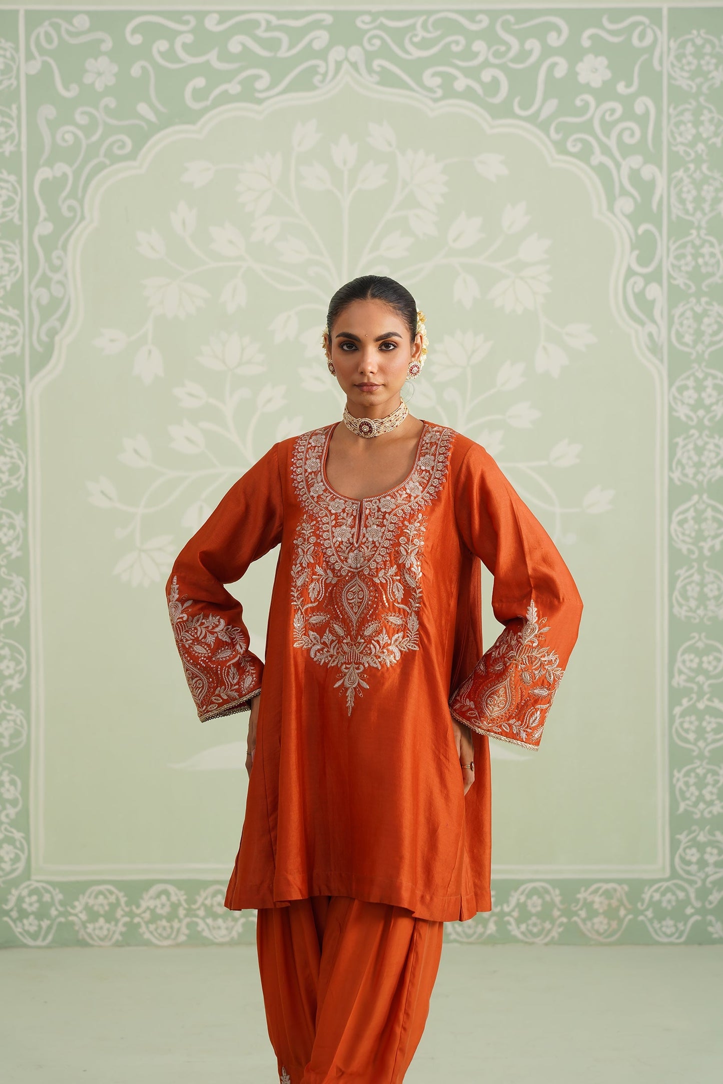 Pumpkin Spice Chanderi Satin Embroidered Suit