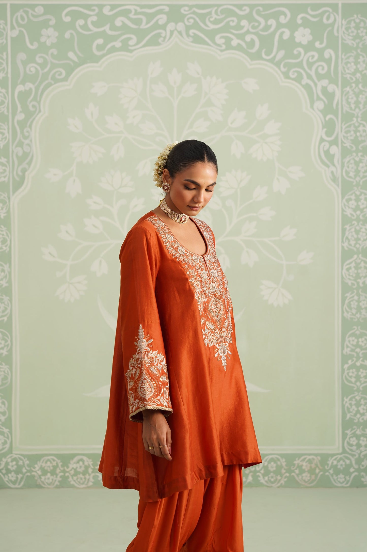 Pumpkin Spice Chanderi Satin Embroidered Suit