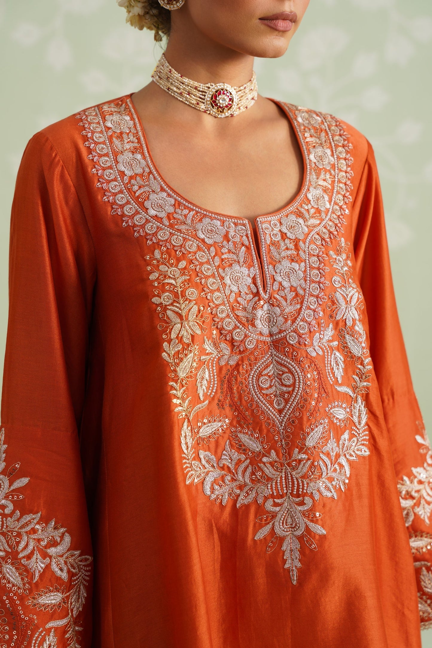 Pumpkin Spice Chanderi Satin Embroidered Suit