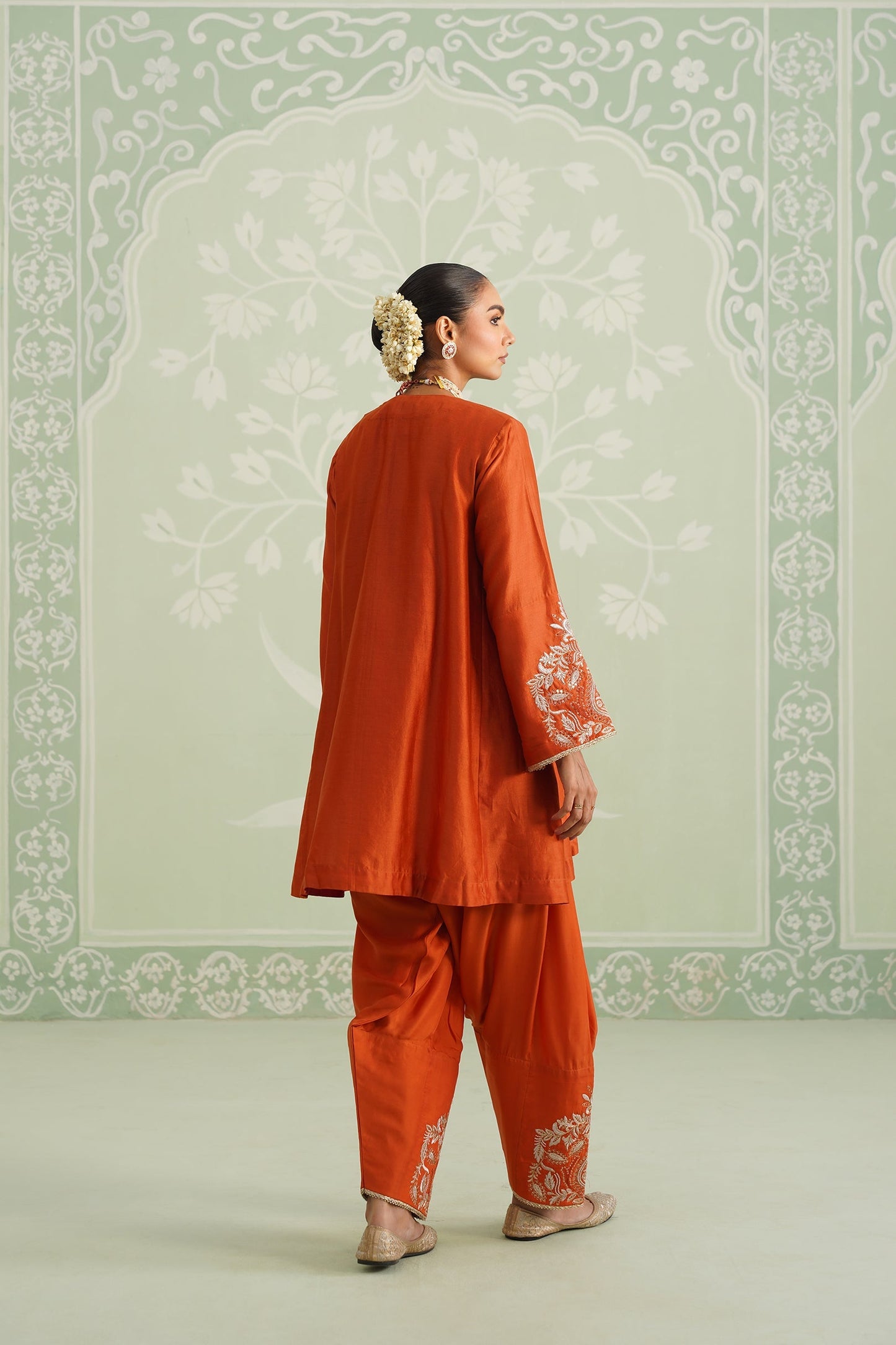 Pumpkin Spice Chanderi Satin Embroidered Suit