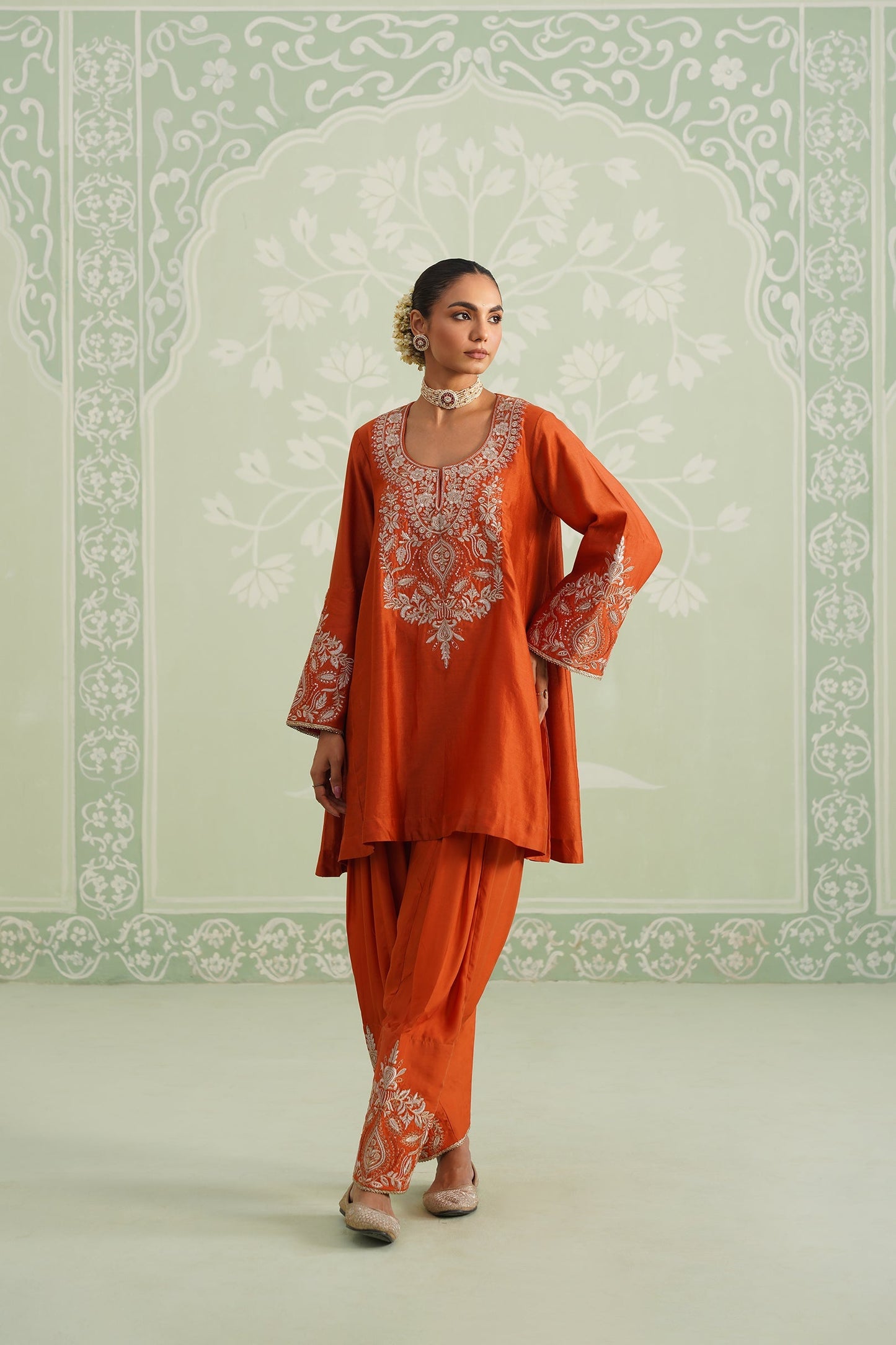 Pumpkin Spice Chanderi Satin Embroidered Suit