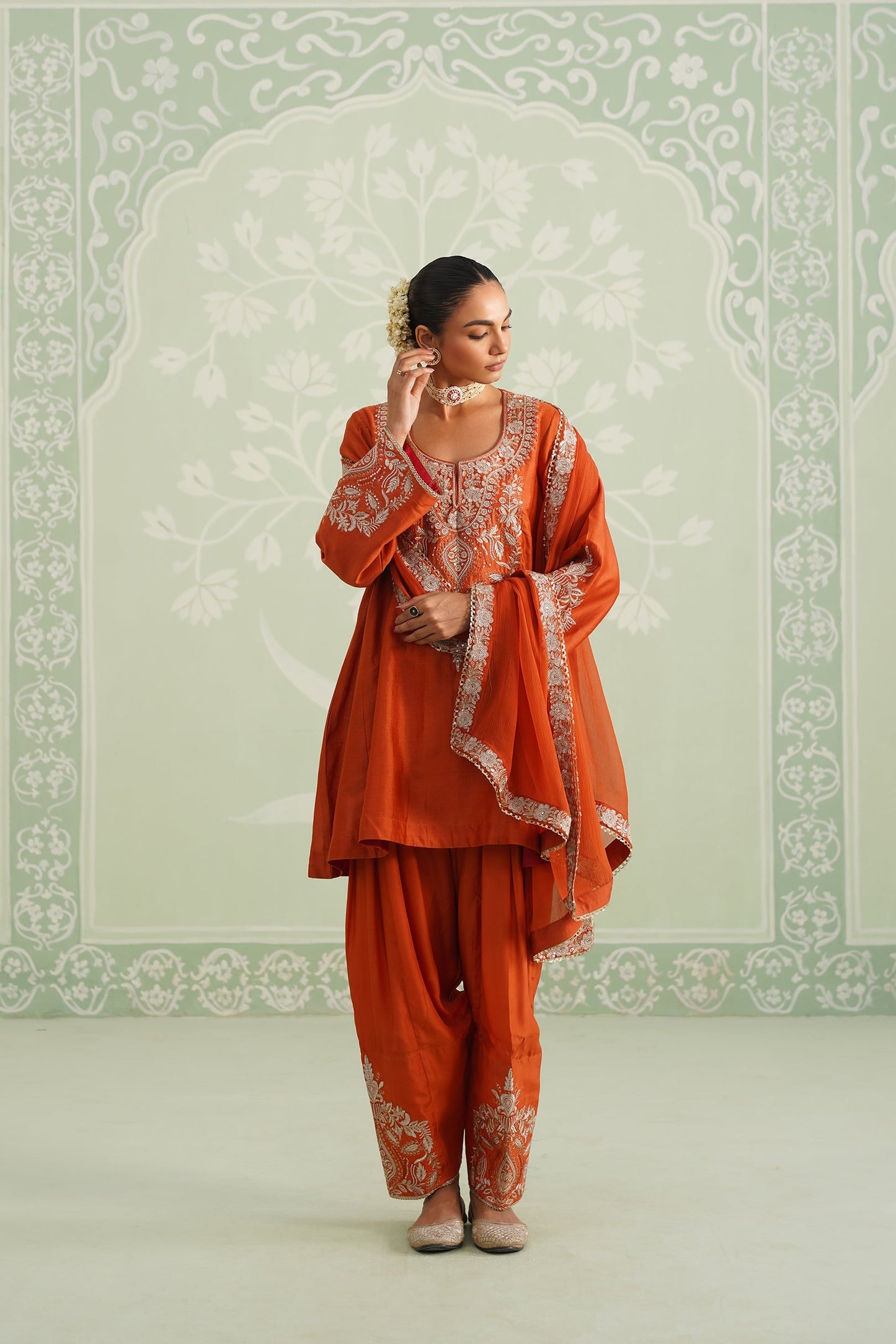 Pumpkin Spice Chanderi Satin Embroidered Suit