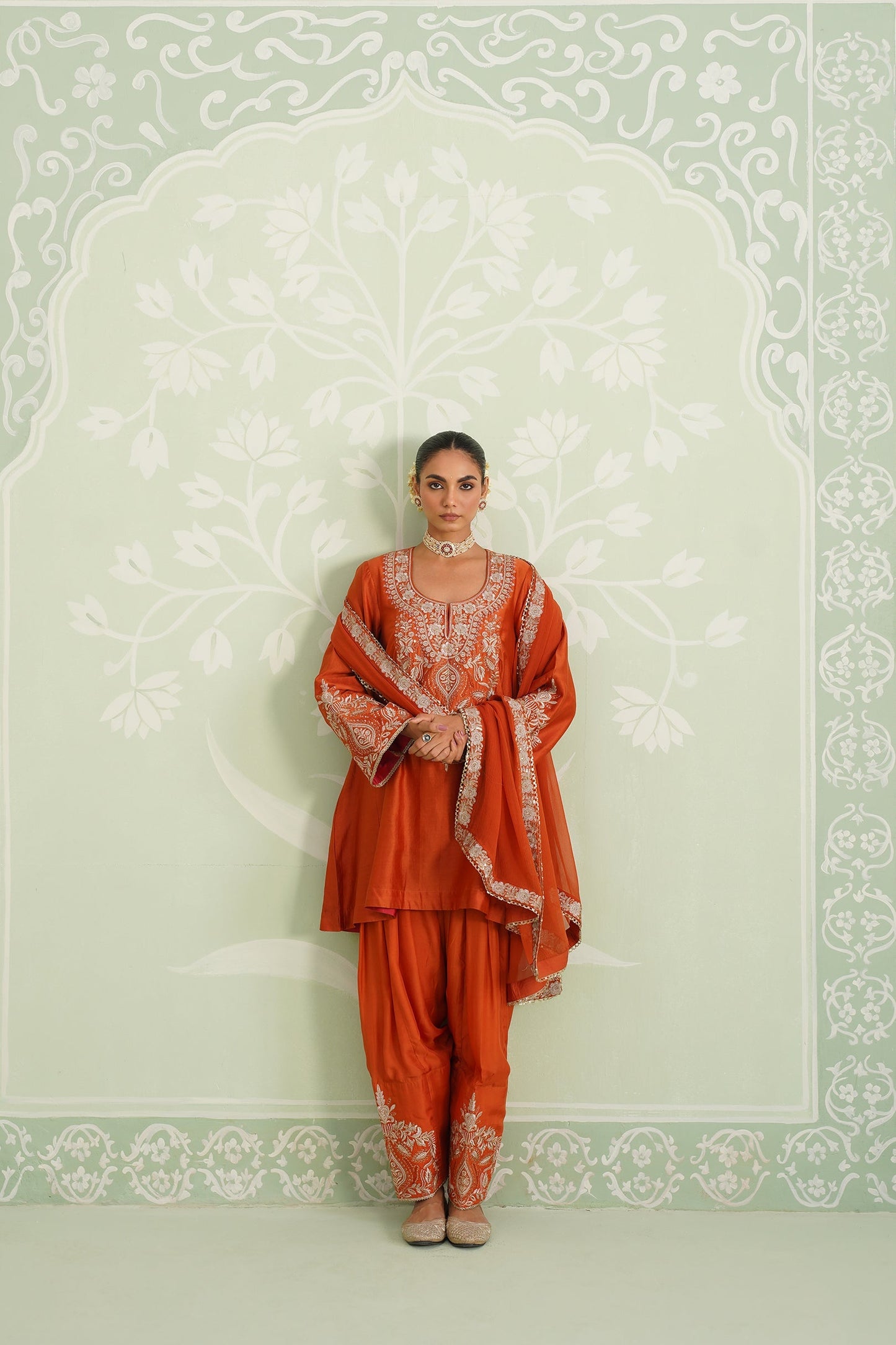 Pumpkin Spice Chanderi Satin Embroidered Suit