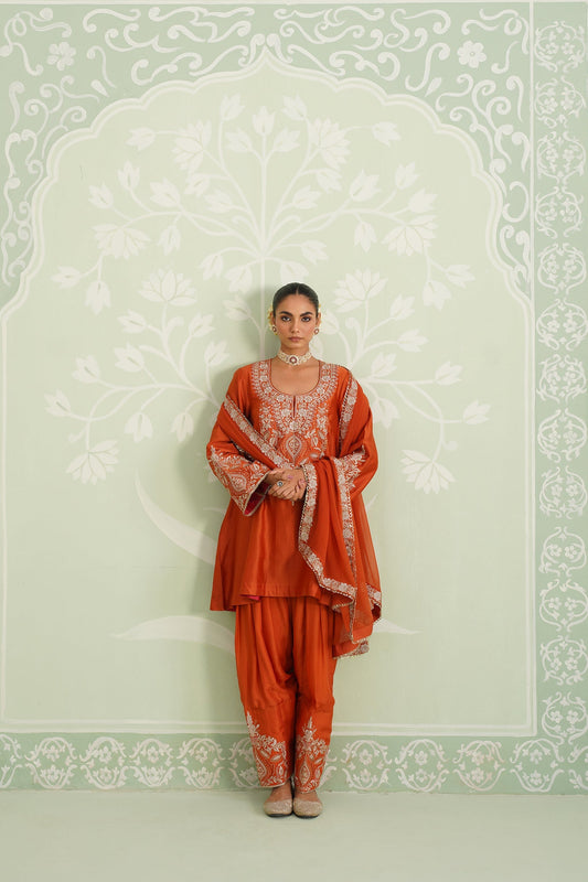 Rust Chanderi Satin Embroidered Suit