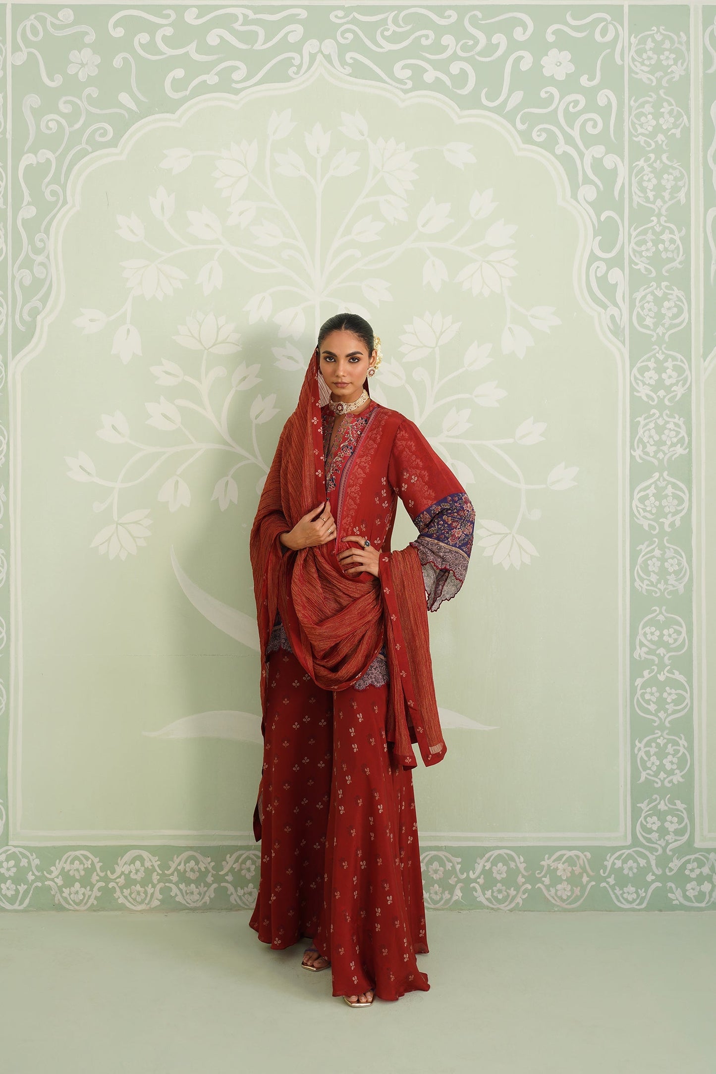 Rust Crepe Embroidered Sharara Set