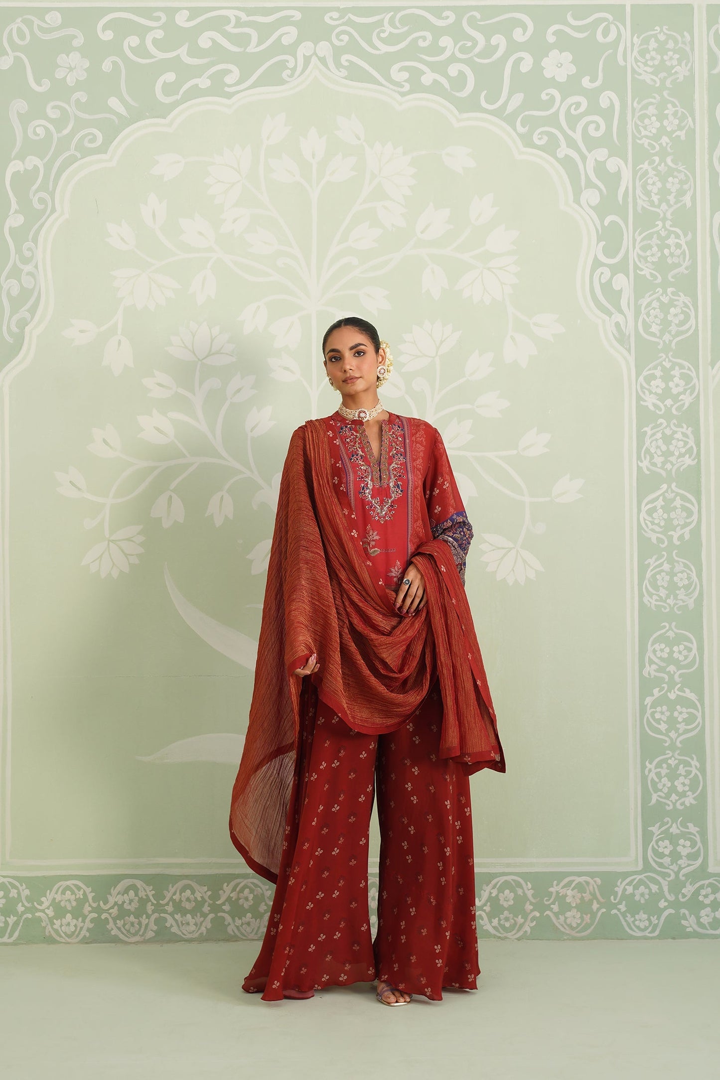 Rust Crepe Embroidered Sharara Set