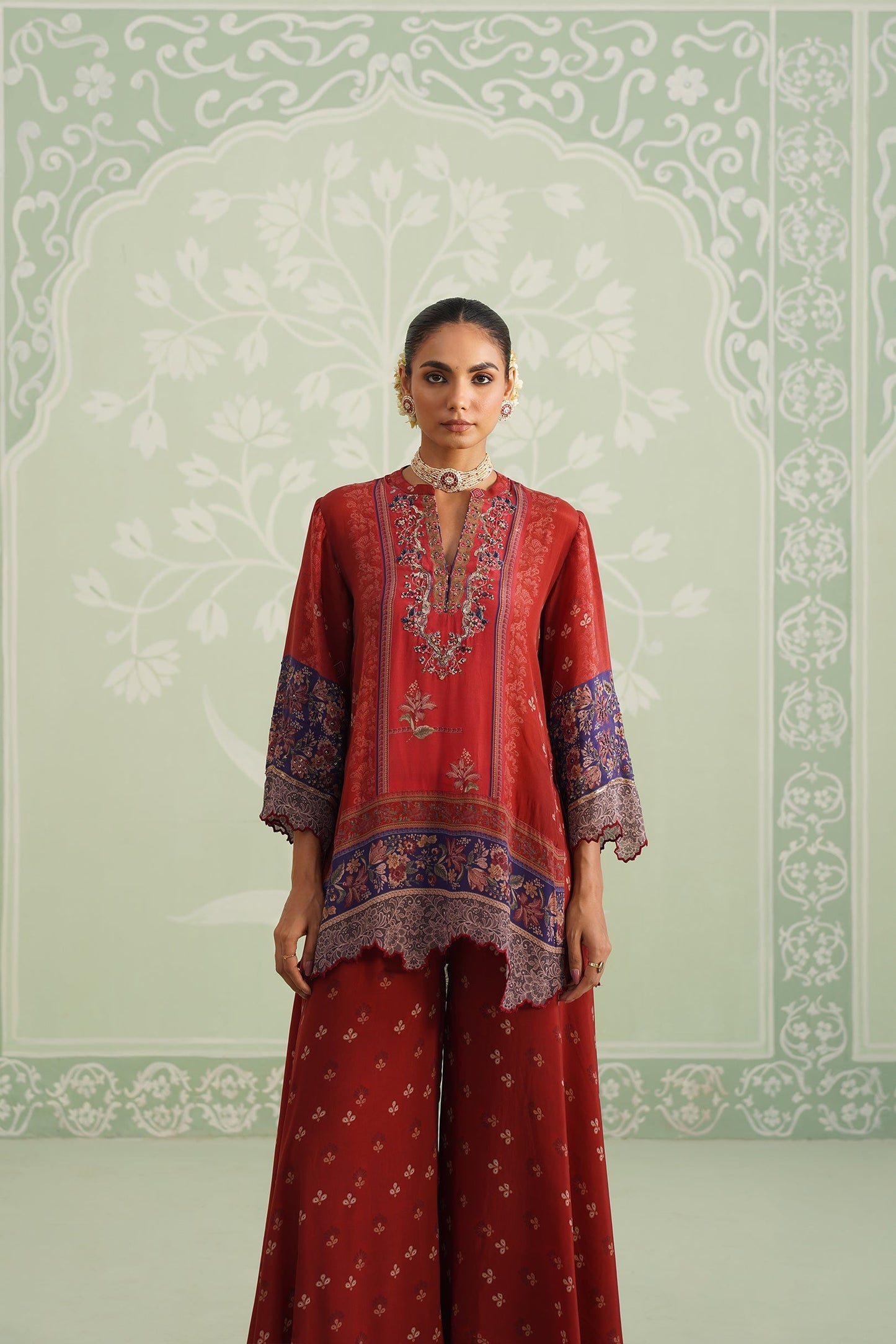 Rust Crepe Embroidered Sharara Set
