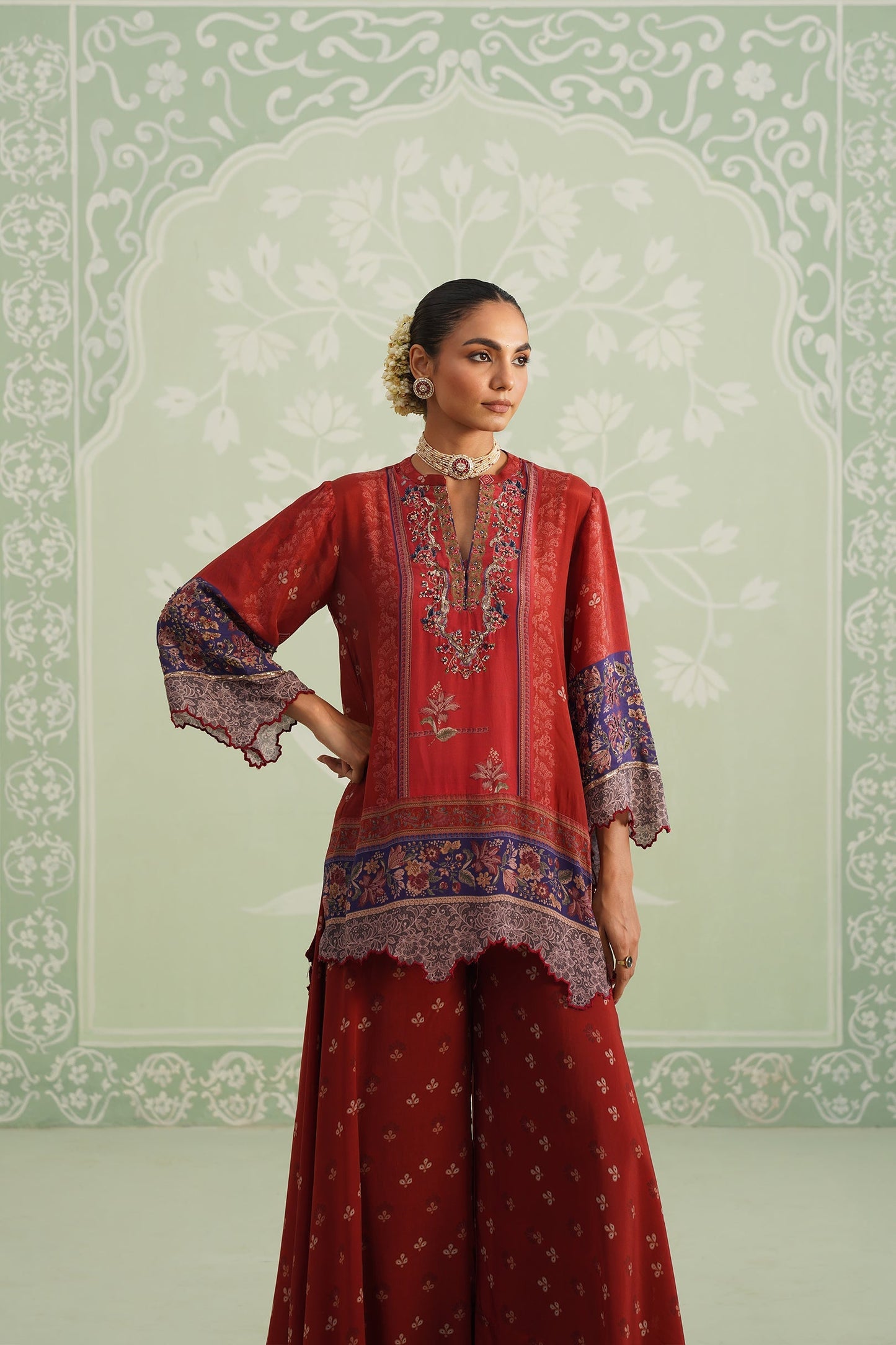 Rust Crepe Embroidered Sharara Set