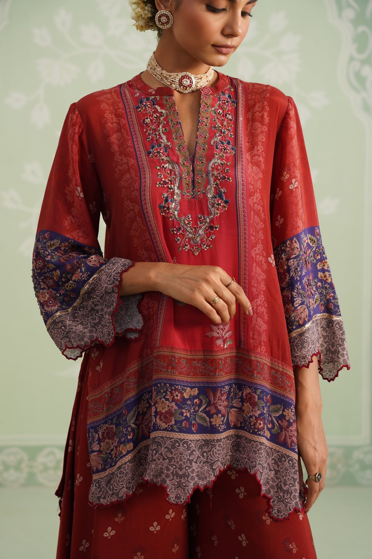 Rust Crepe Embroidered Sharara Set