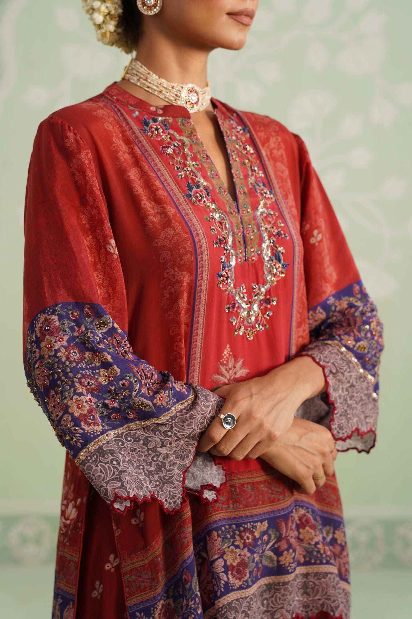 Rust Crepe Embroidered Sharara Set
