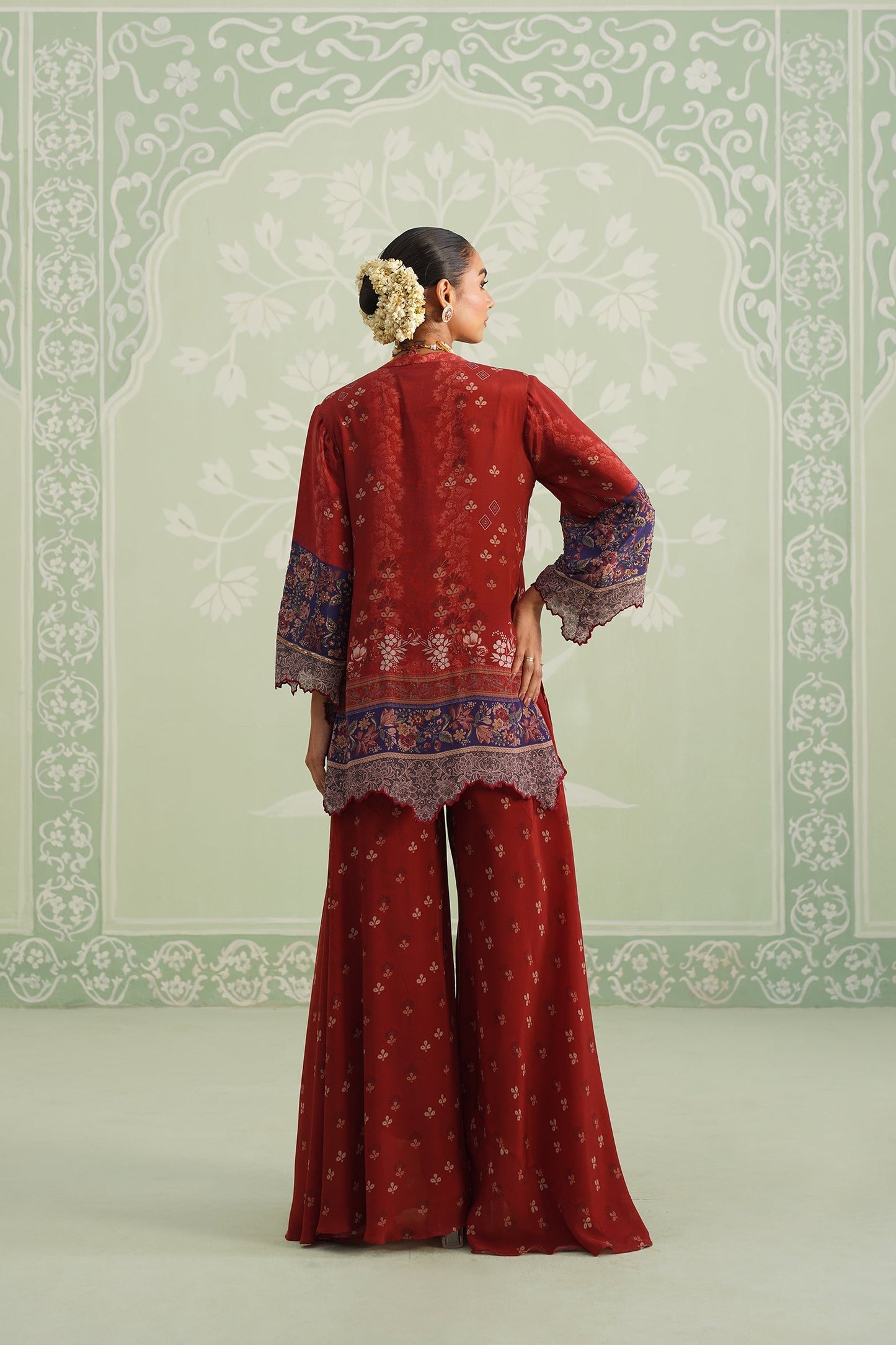 Rust Crepe Embroidered Sharara Set