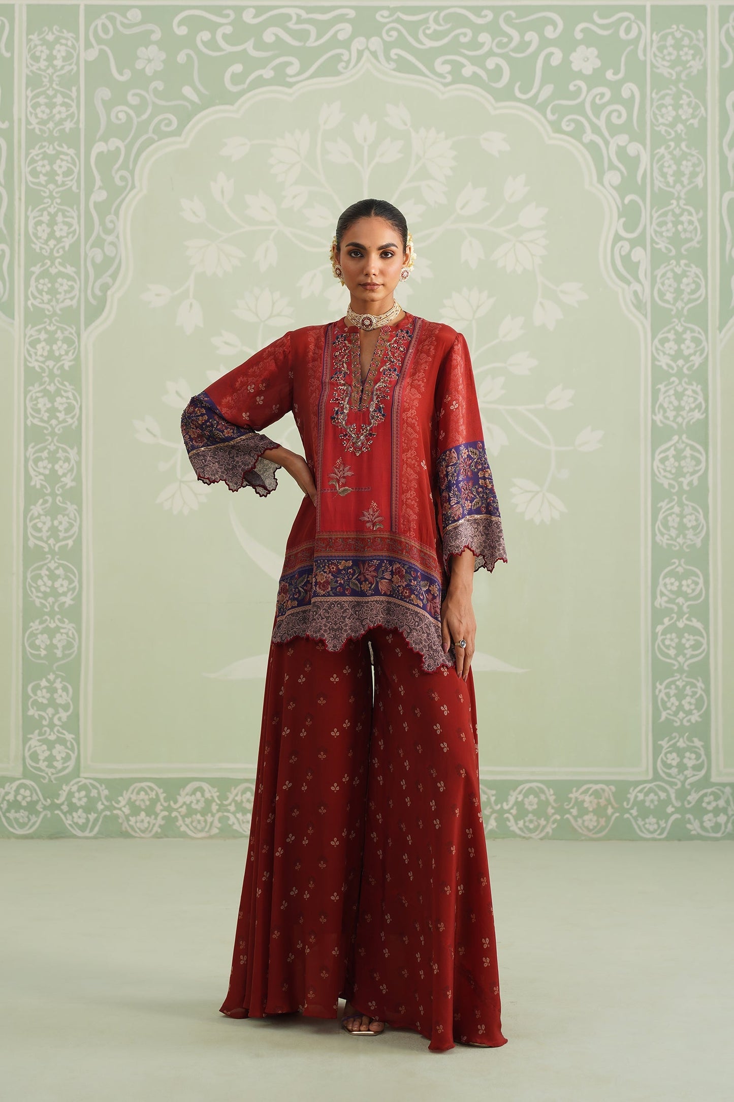 Rust Crepe Embroidered Sharara Set