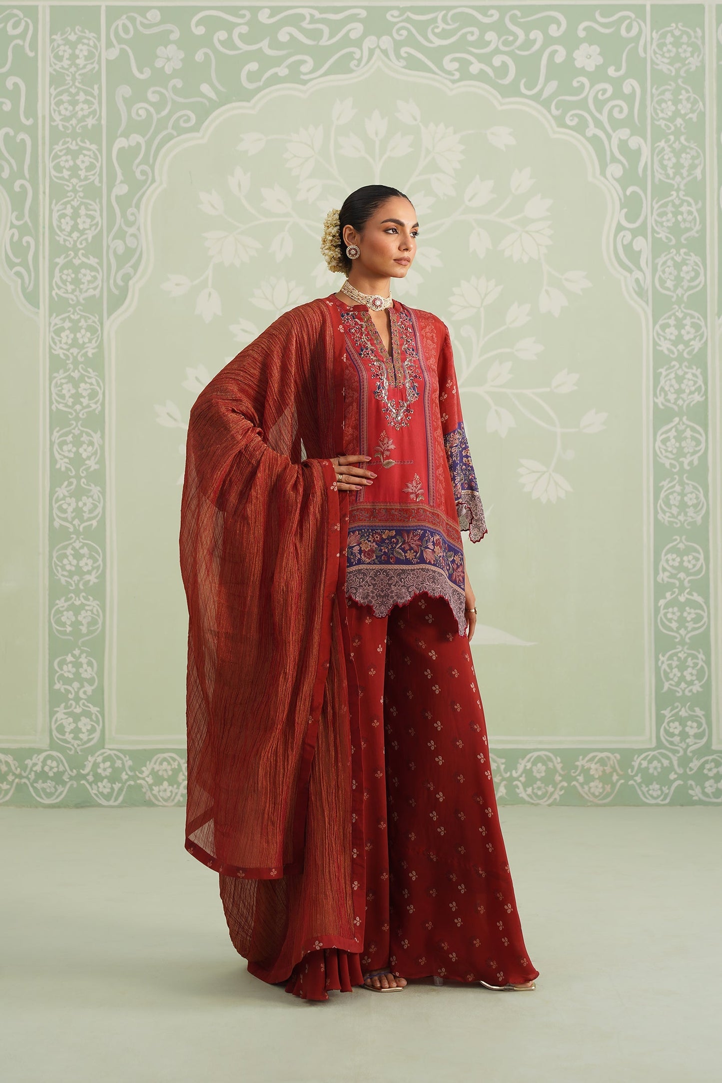 Rust Crepe Embroidered Sharara Set