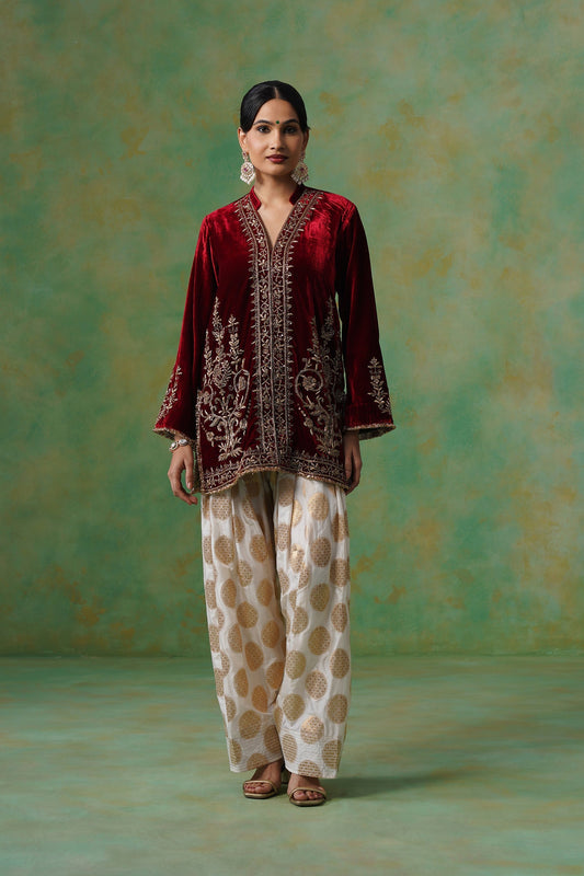 Maroon Hand Embroidered Velvet Matching Set
