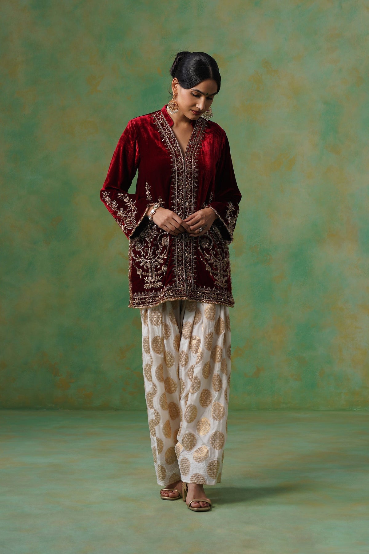 Maroon Hand Embroidered Velvet Matching Set
