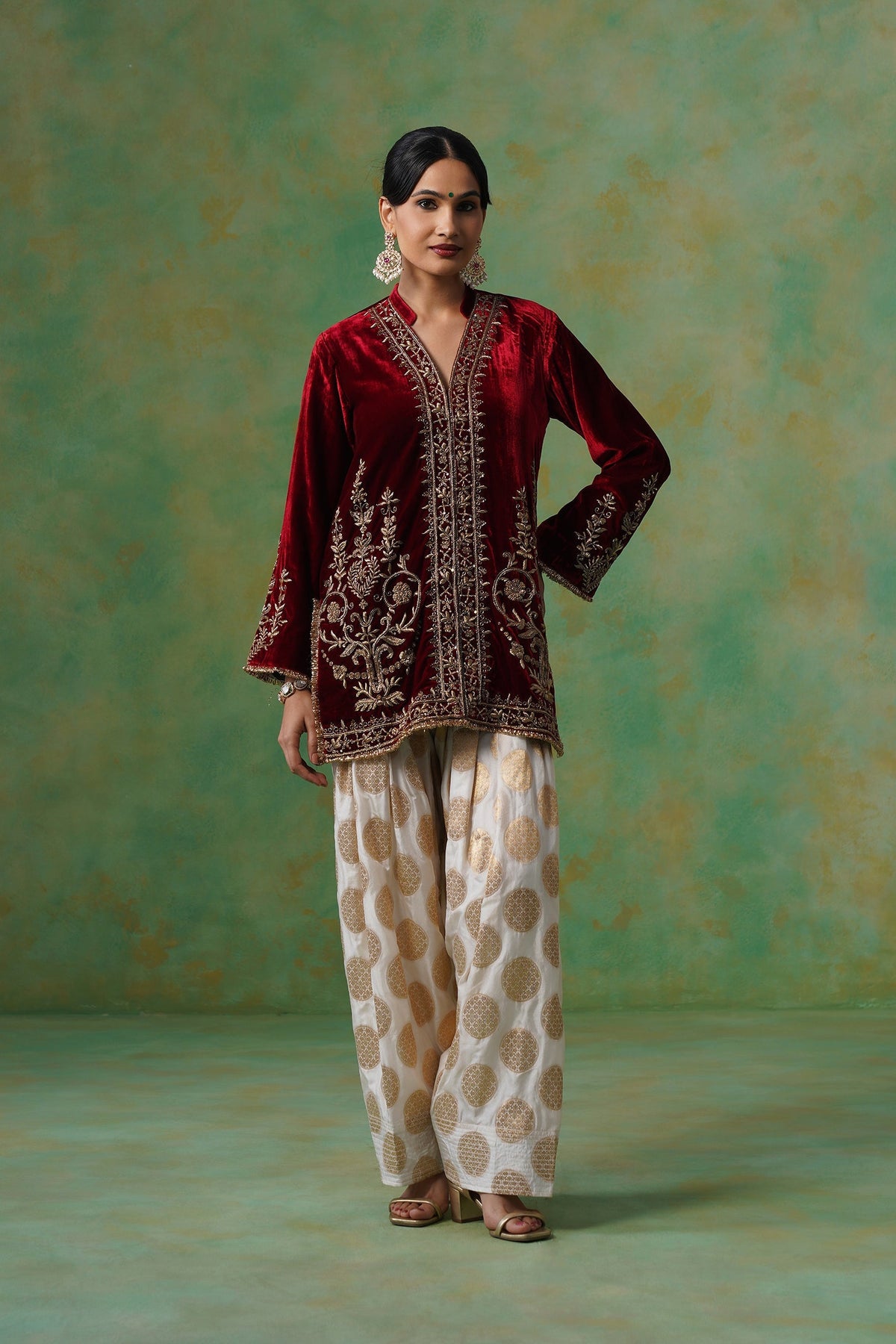 Maroon Hand Embroidered Velvet Matching Set