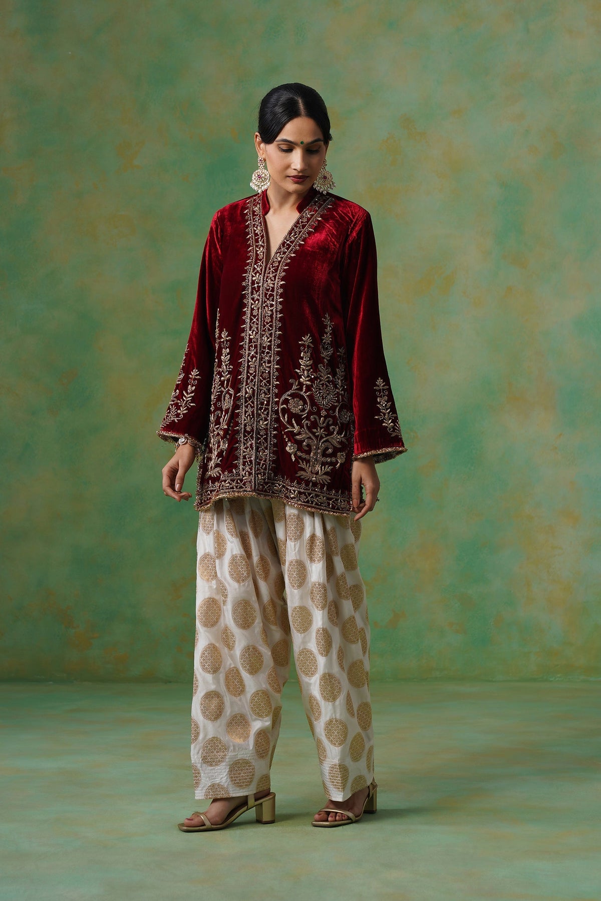 Maroon Hand Embroidered Velvet Matching Set