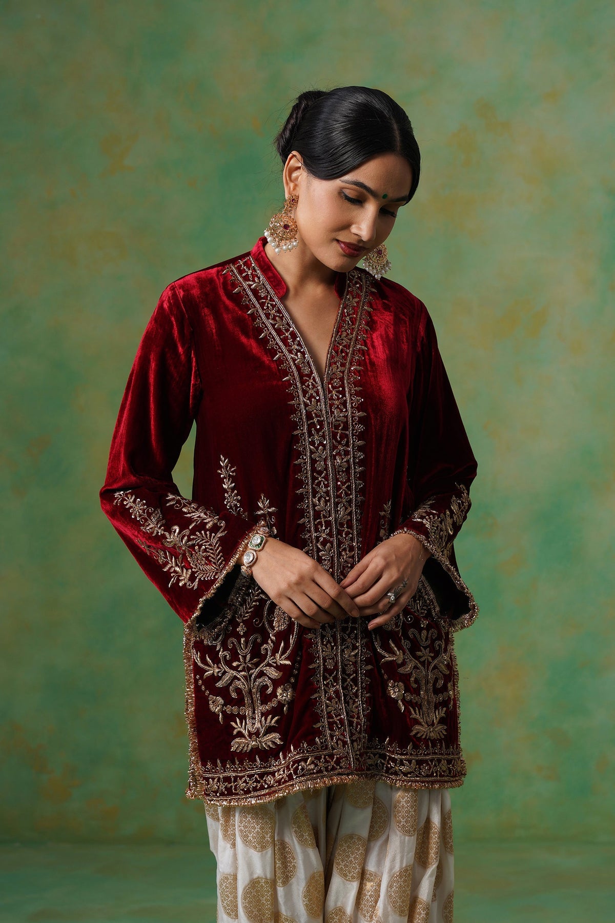 Maroon Hand Embroidered Velvet Matching Set
