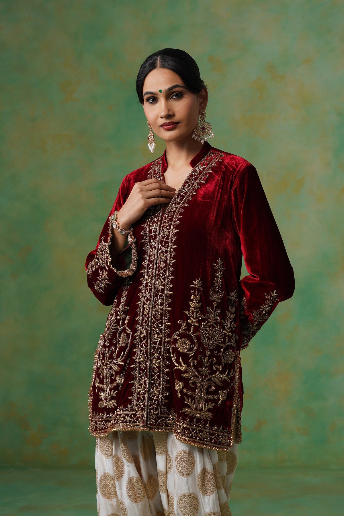 Maroon Hand Embroidered Velvet Matching Set