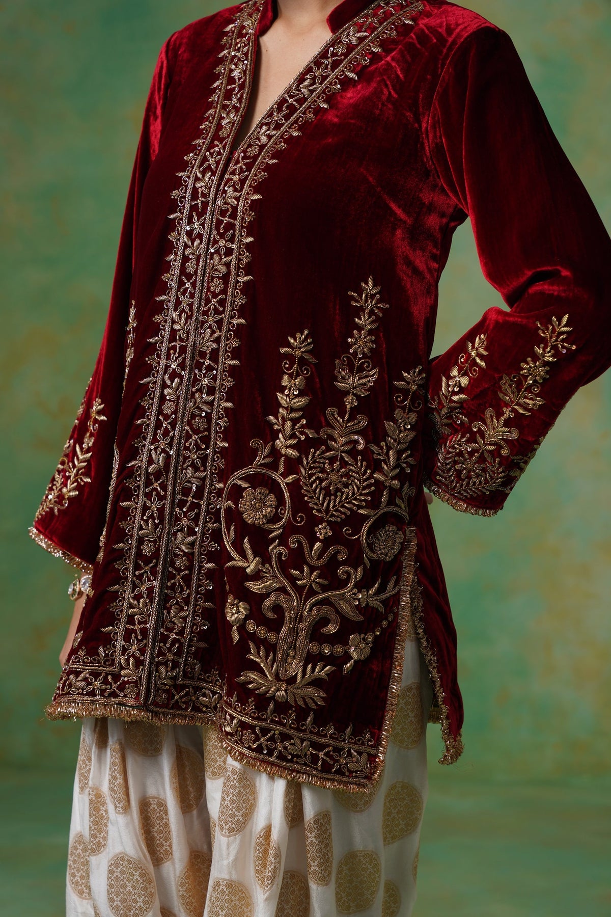Maroon Hand Embroidered Velvet Matching Set