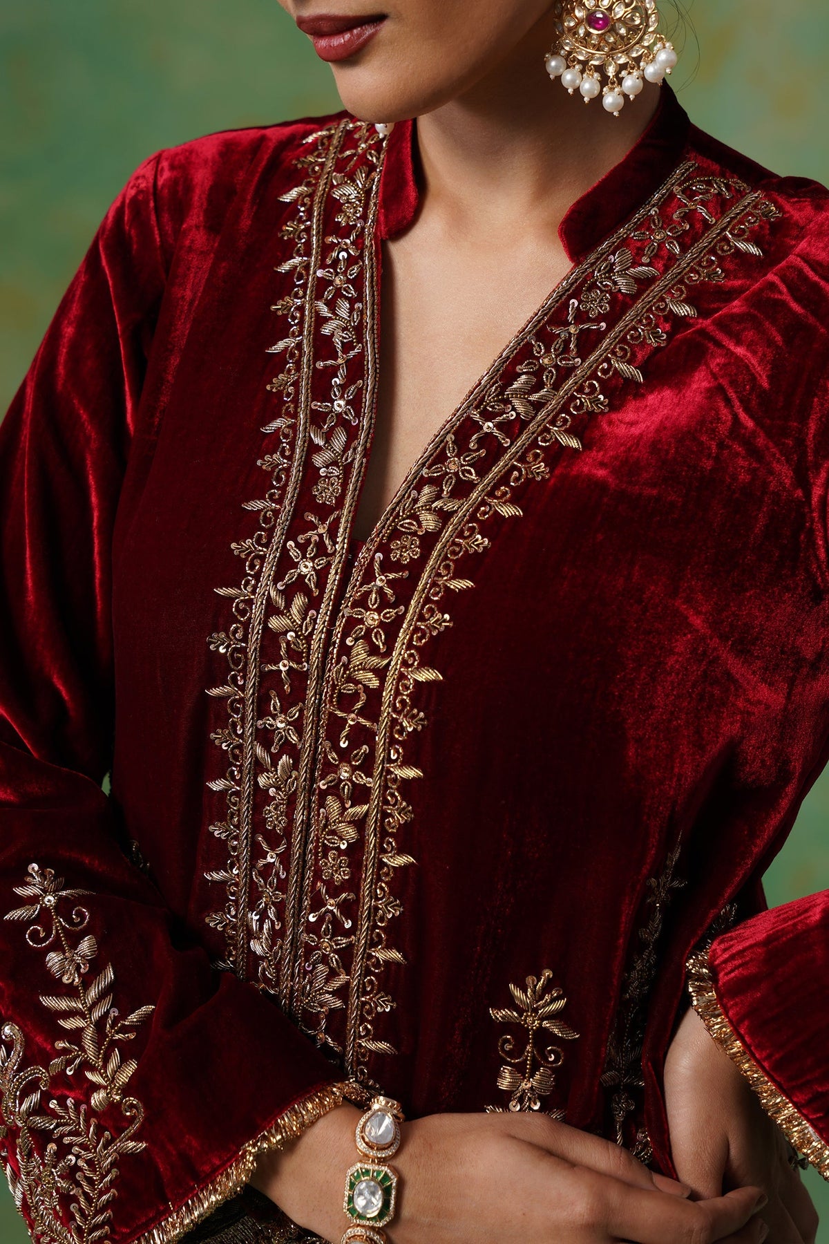 Maroon Hand Embroidered Velvet Matching Set