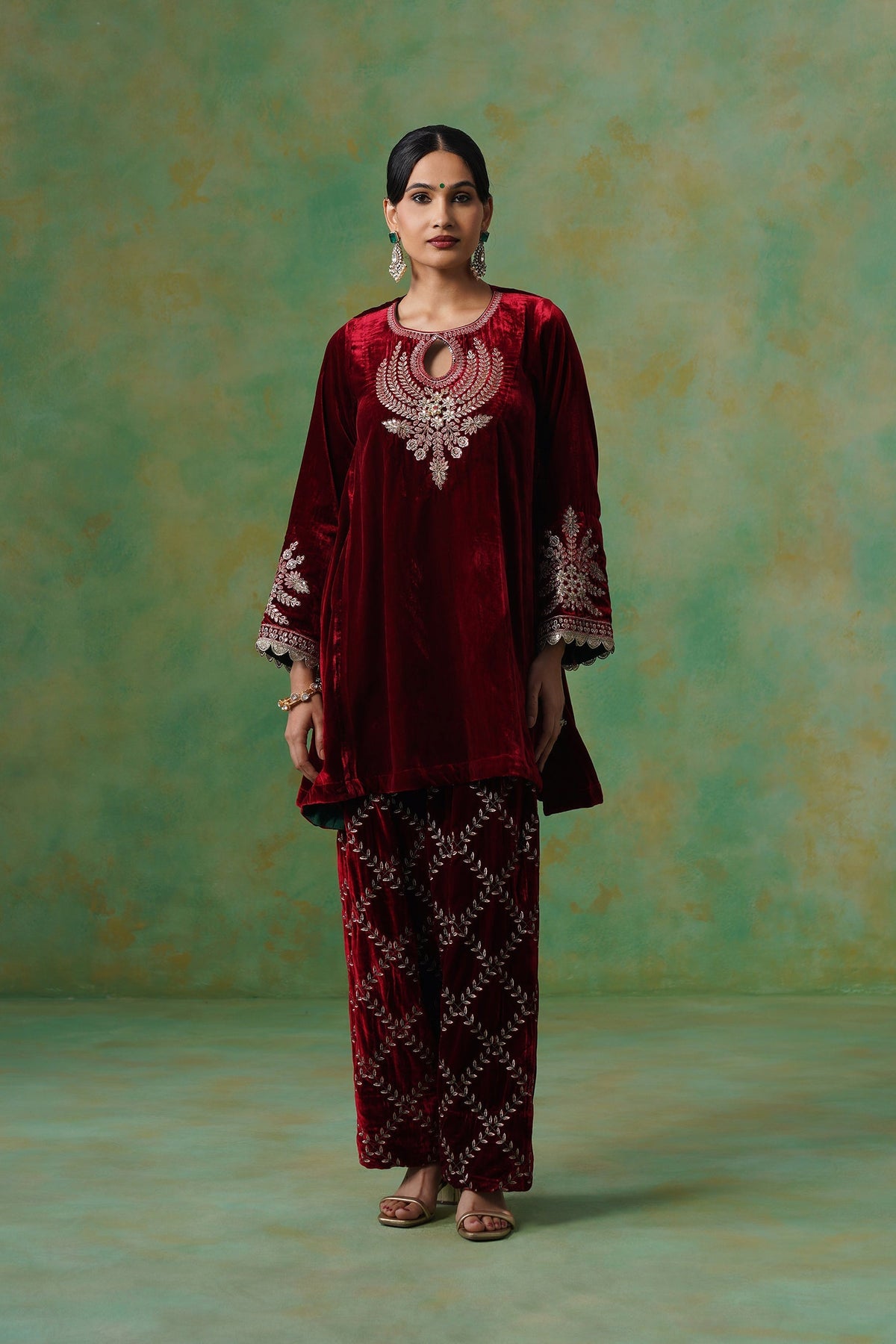 Cherry Red Velvet Embroidered Suit Set