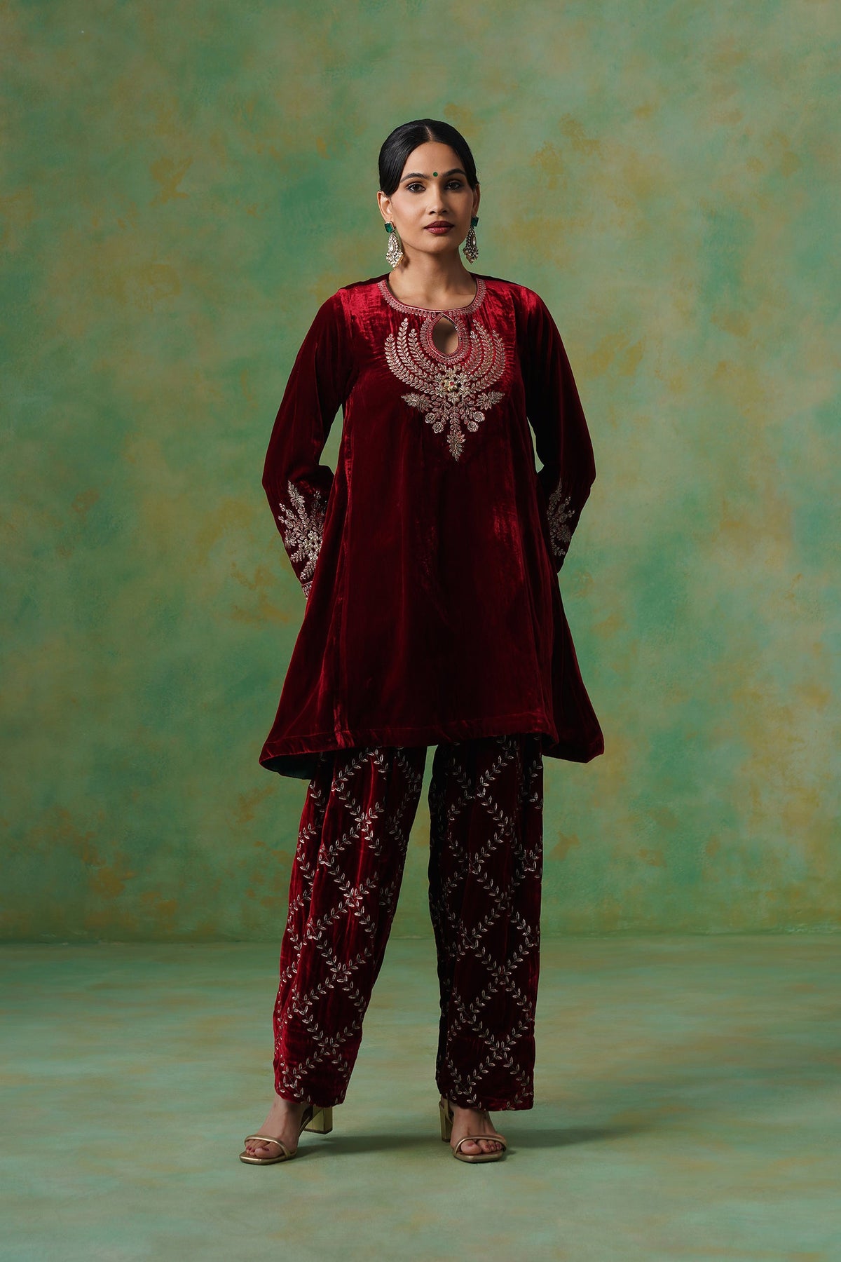 Cherry Red Velvet Embroidered Suit Set