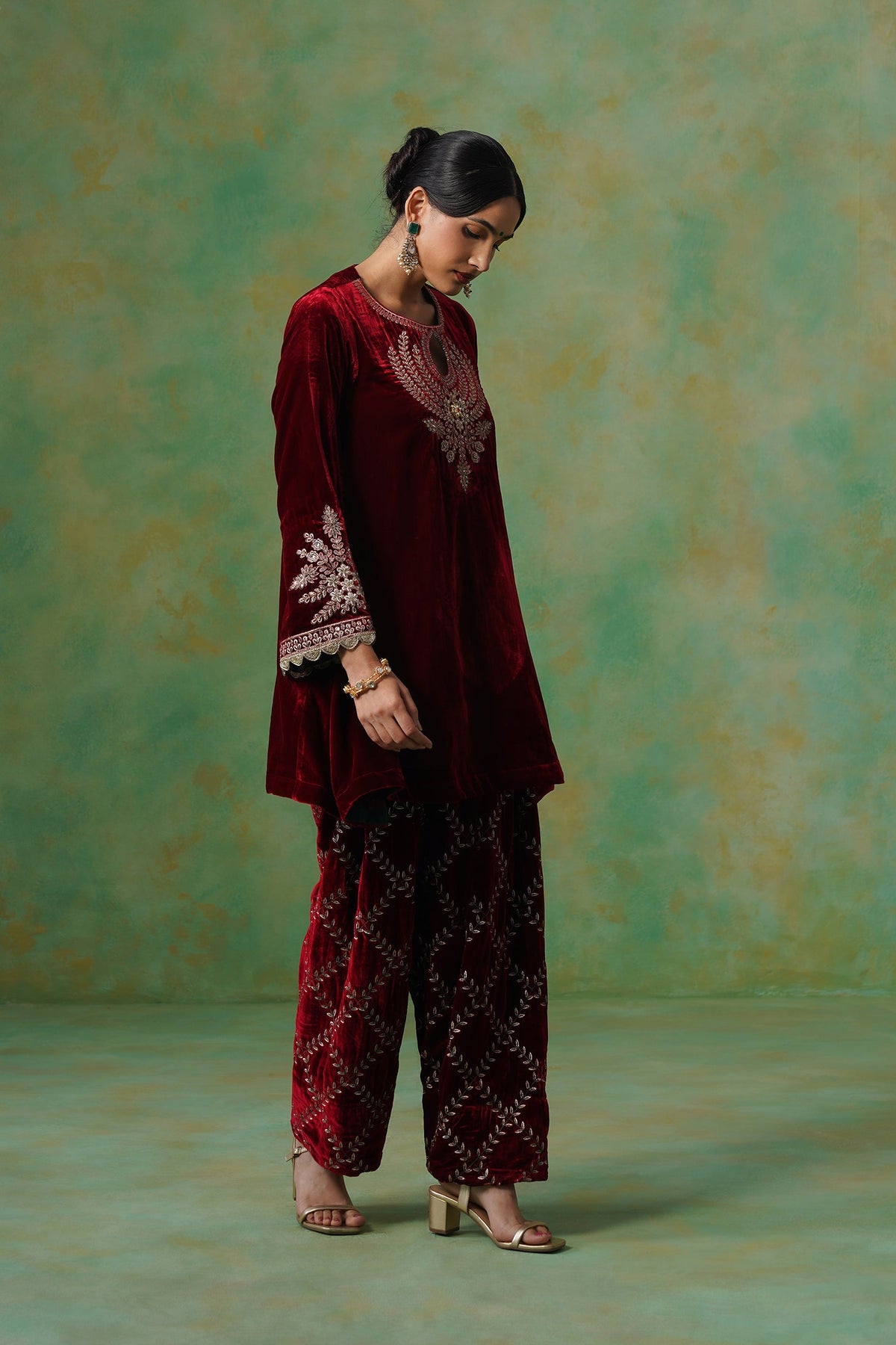 Cherry Red Velvet Embroidered Suit Set