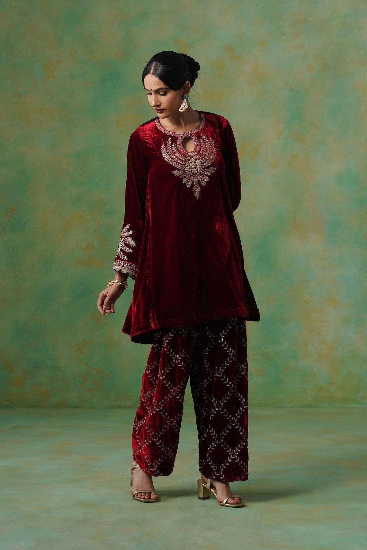 Cherry Red Velvet Embroidered Suit Set