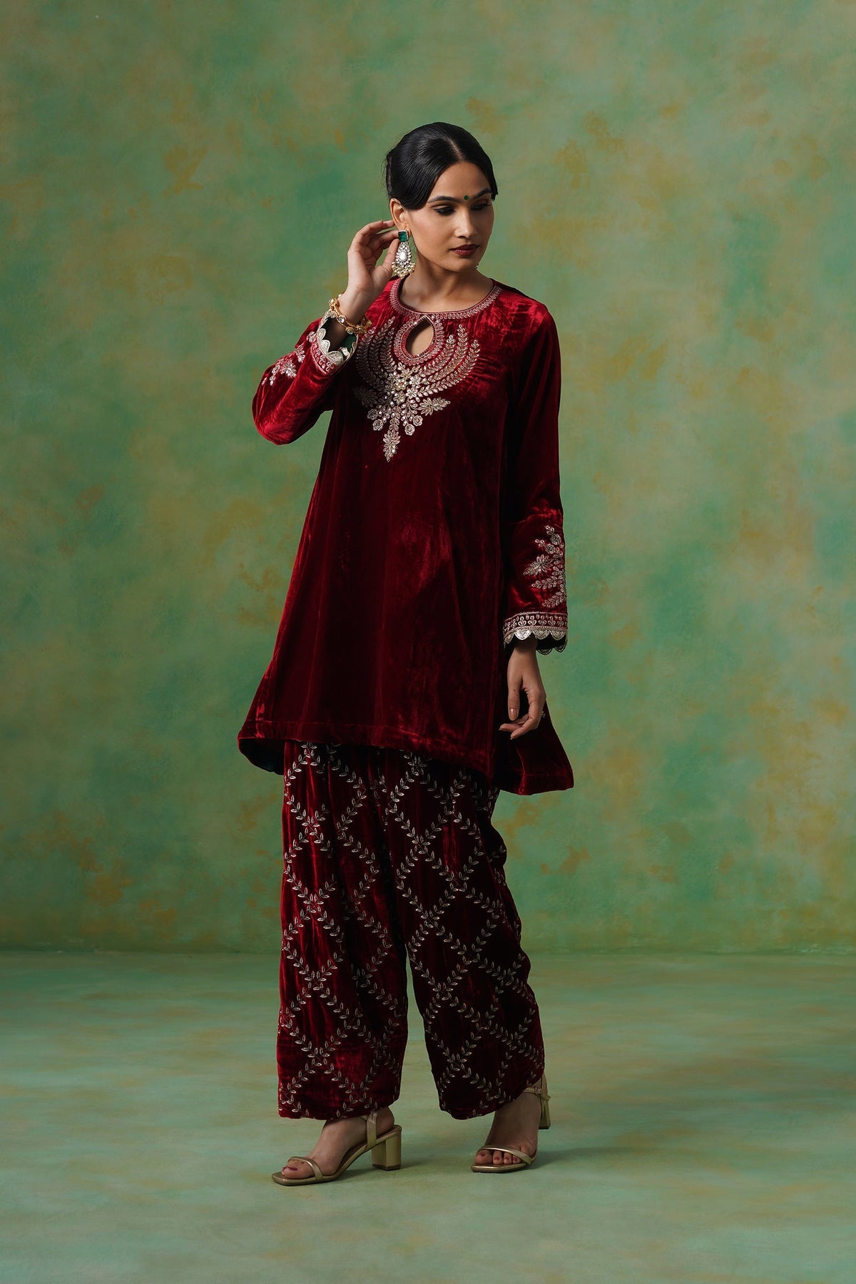Cherry Red Velvet Embroidered Suit Set