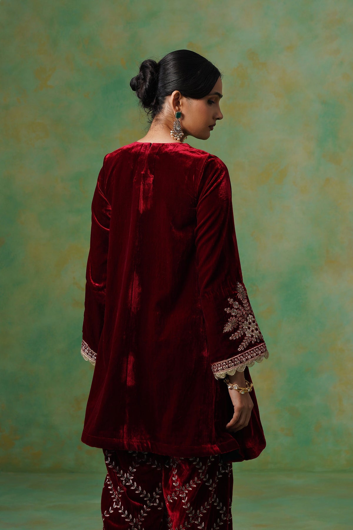 Cherry Red Velvet Embroidered Suit Set