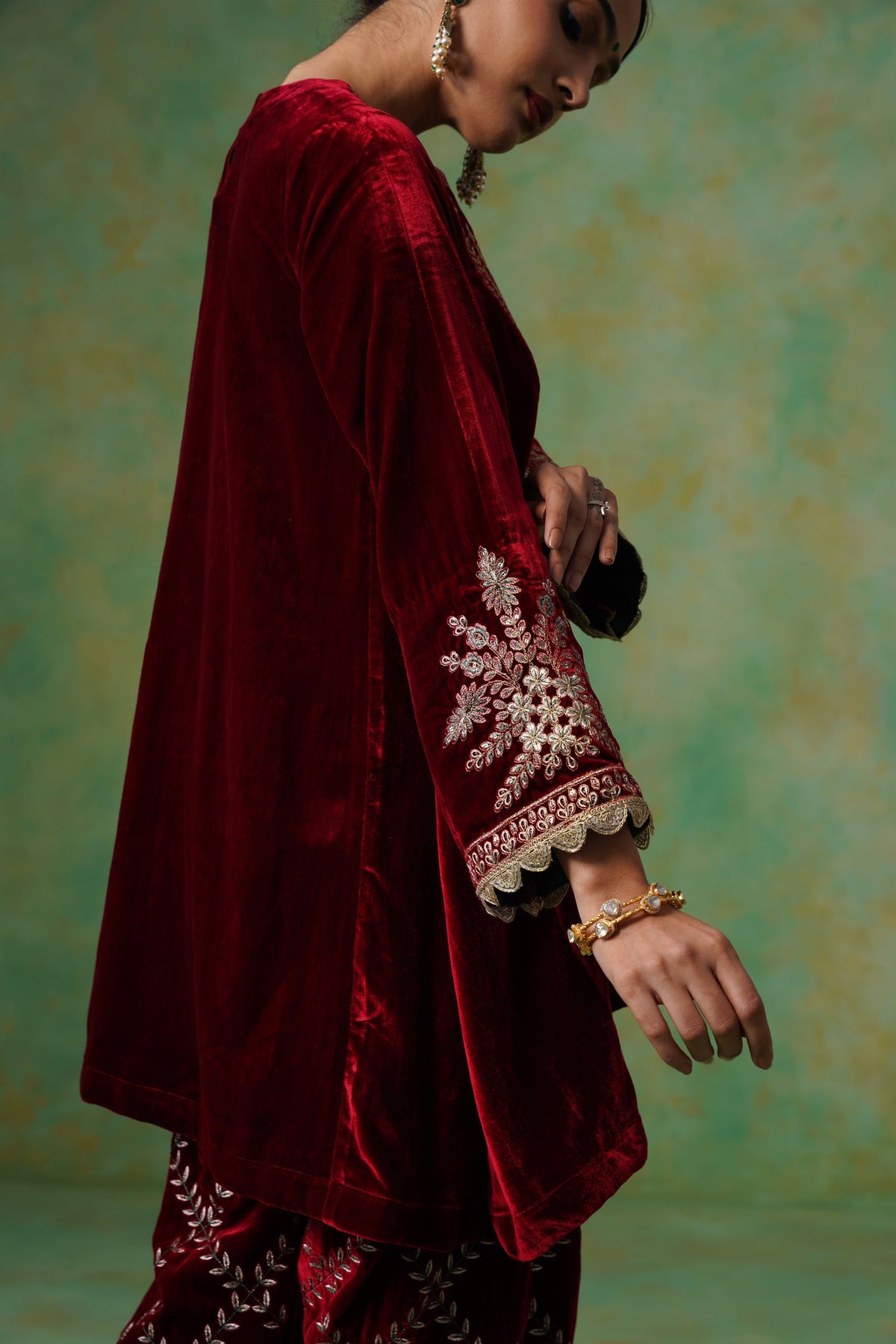 Cherry Red Velvet Embroidered Suit Set