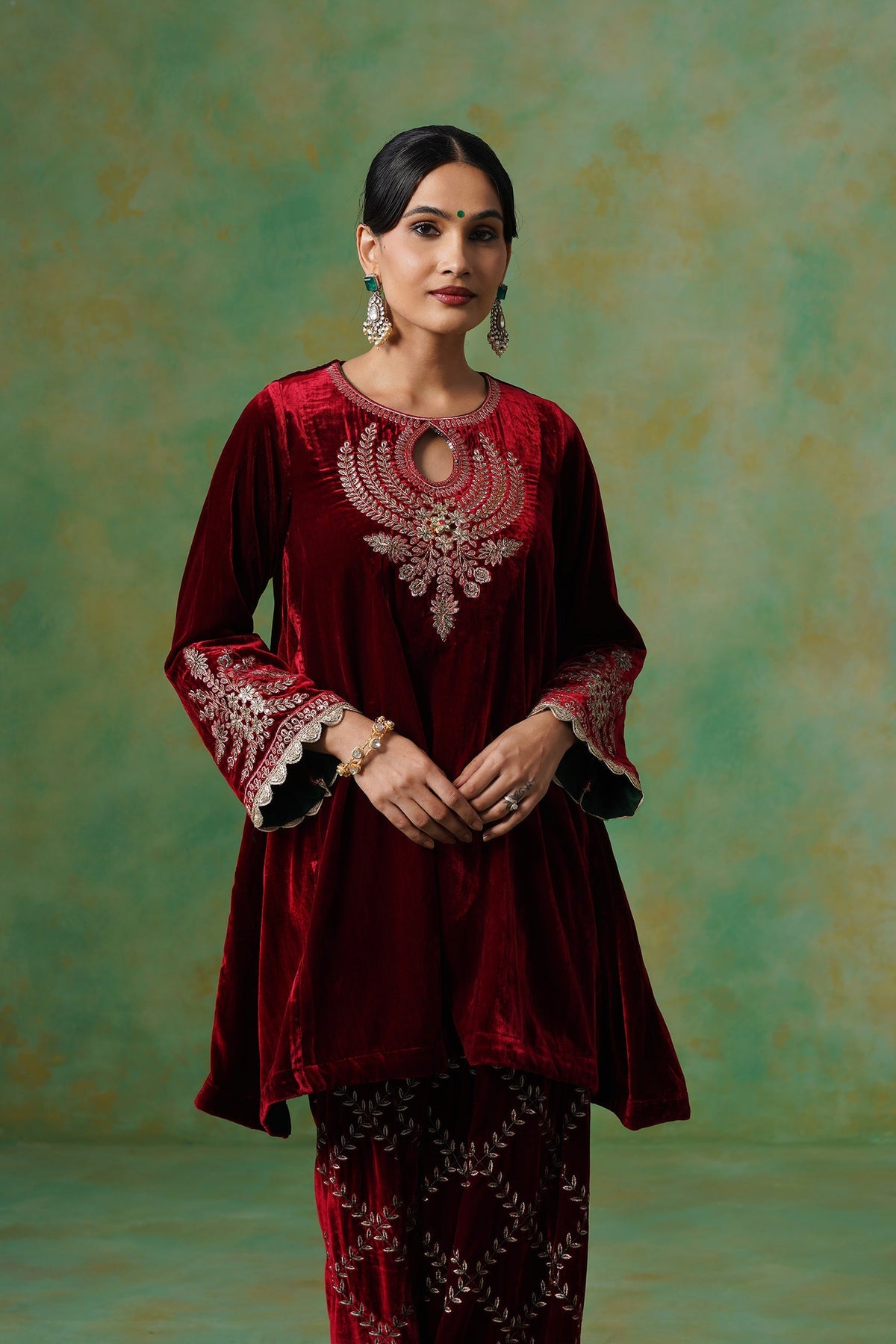 Cherry Red Velvet Embroidered Suit Set
