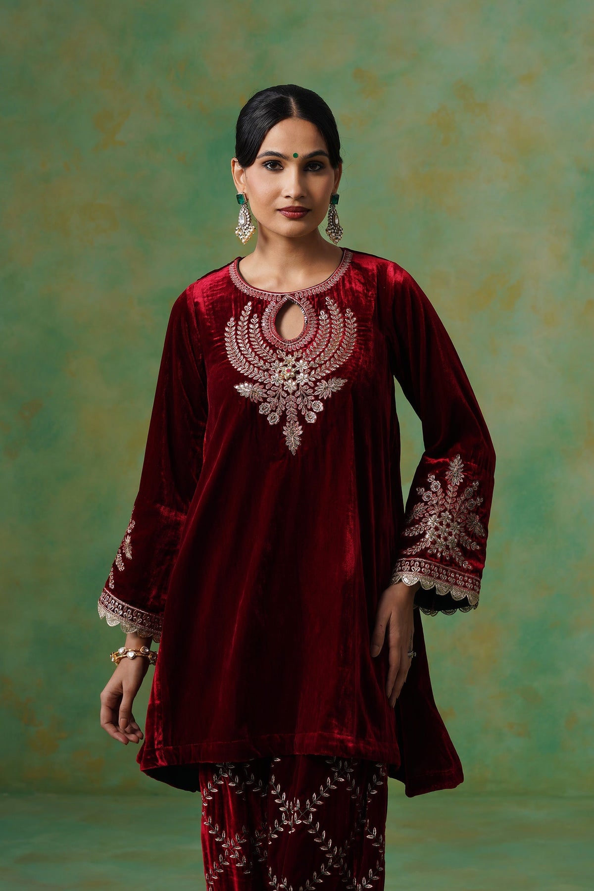 Cherry Red Velvet Embroidered Suit Set