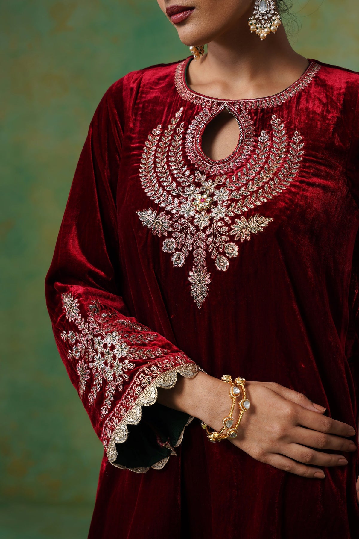 Cherry Red Velvet Embroidered Suit Set