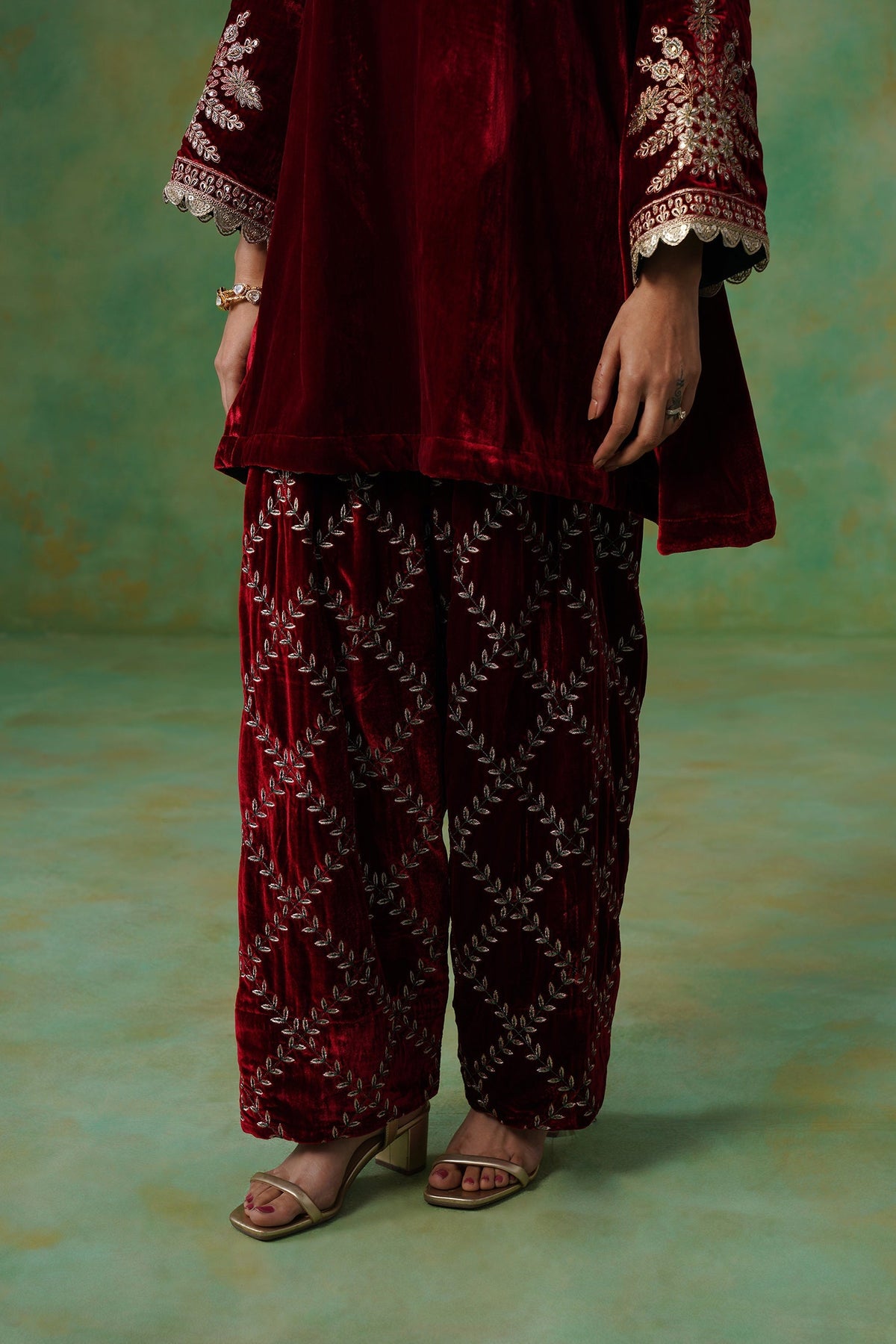 Cherry Red Velvet Embroidered Suit Set