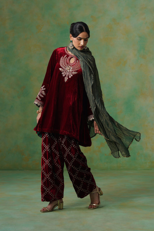 Cherry Red Velvet Embroidered Suit Set