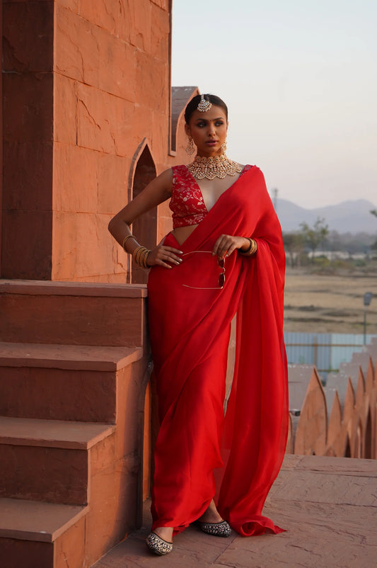 Red Pre Draped Saree set