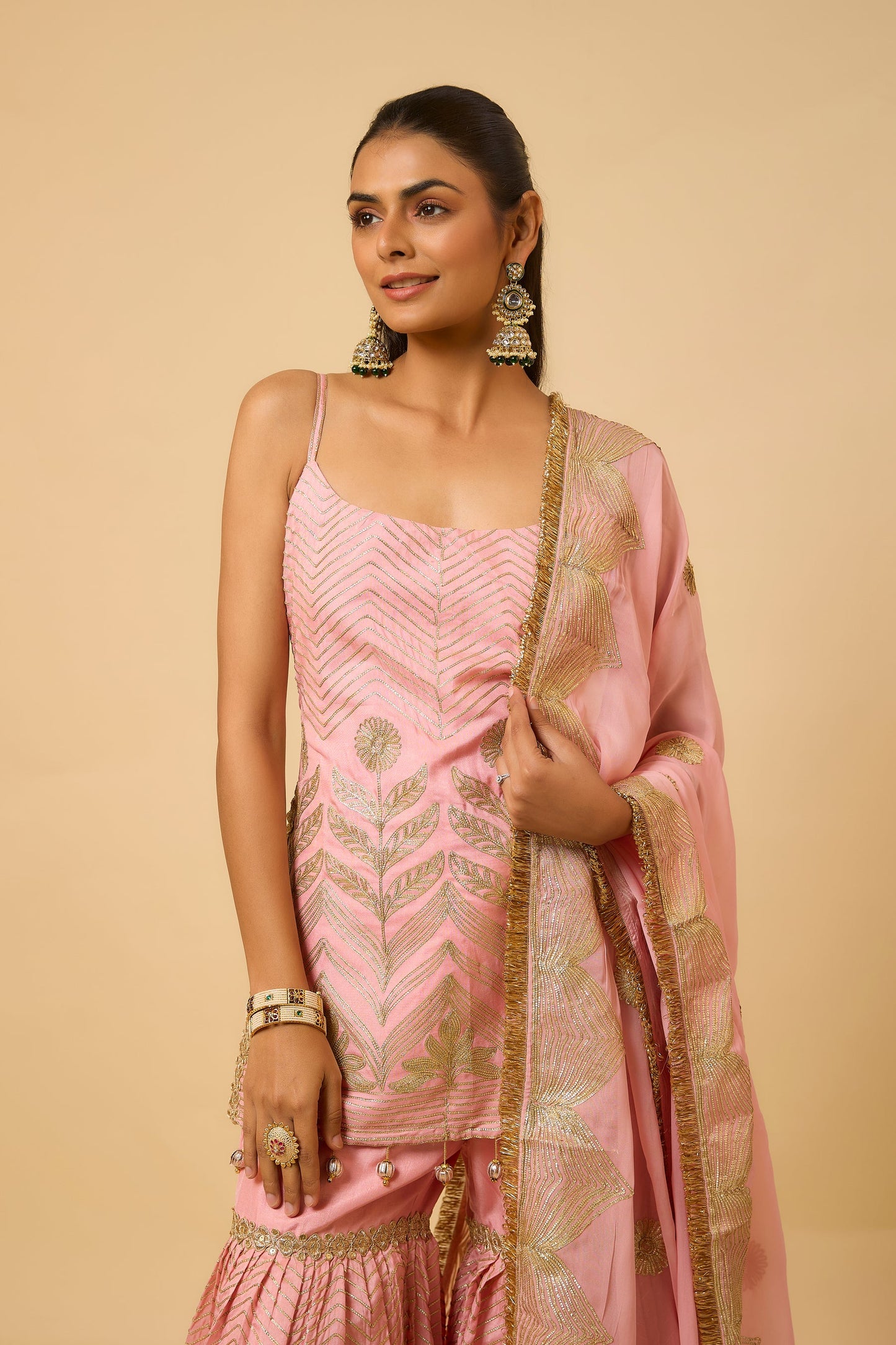 Salmon Pink Silk Kurta, Pant and Dupatta