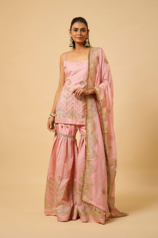 Salmon Pink Silk Kurta, Pant and Dupatta