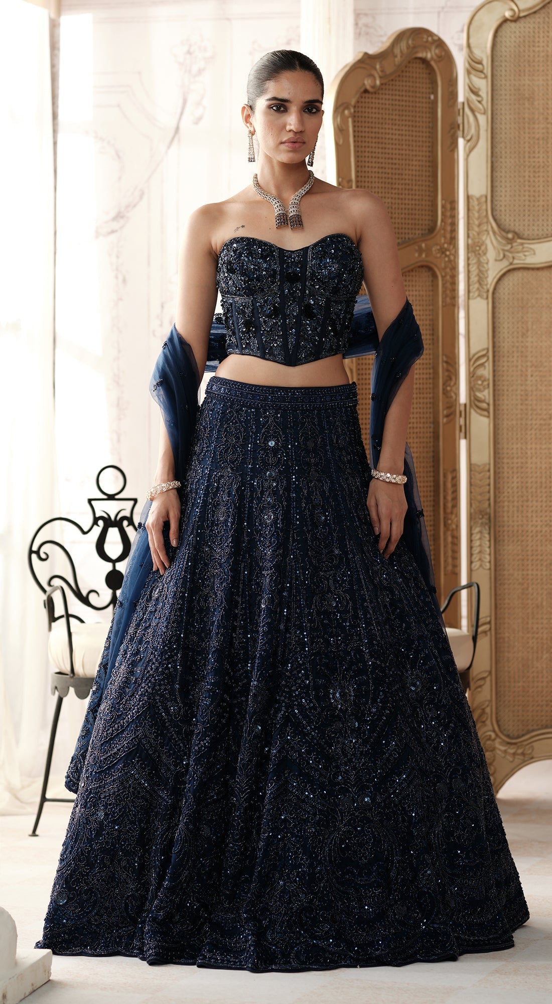 TARA SUTARIA IN MIDNIGHT STARLIGHT CORSET LEHENGA