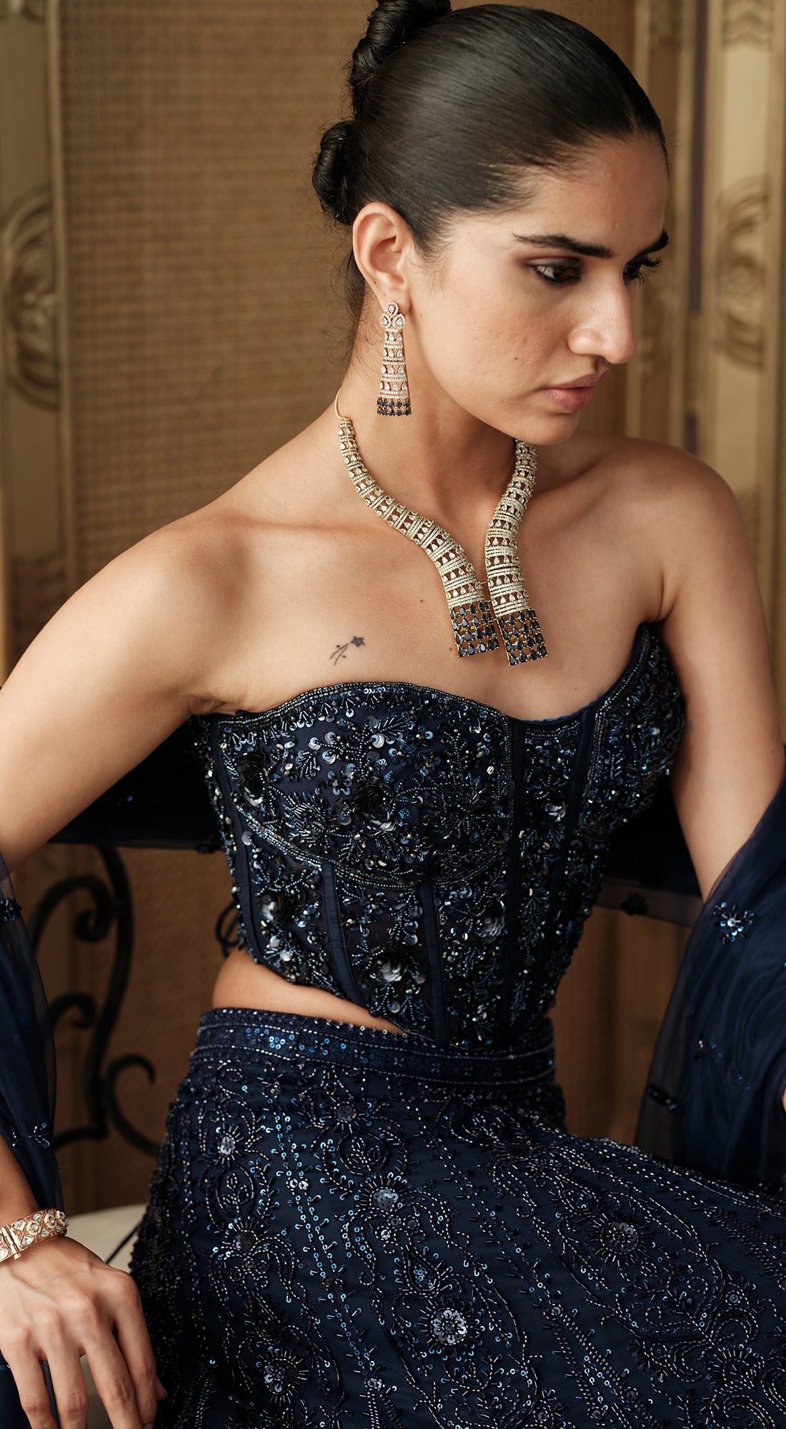 TARA SUTARIA IN MIDNIGHT STARLIGHT CORSET LEHENGA